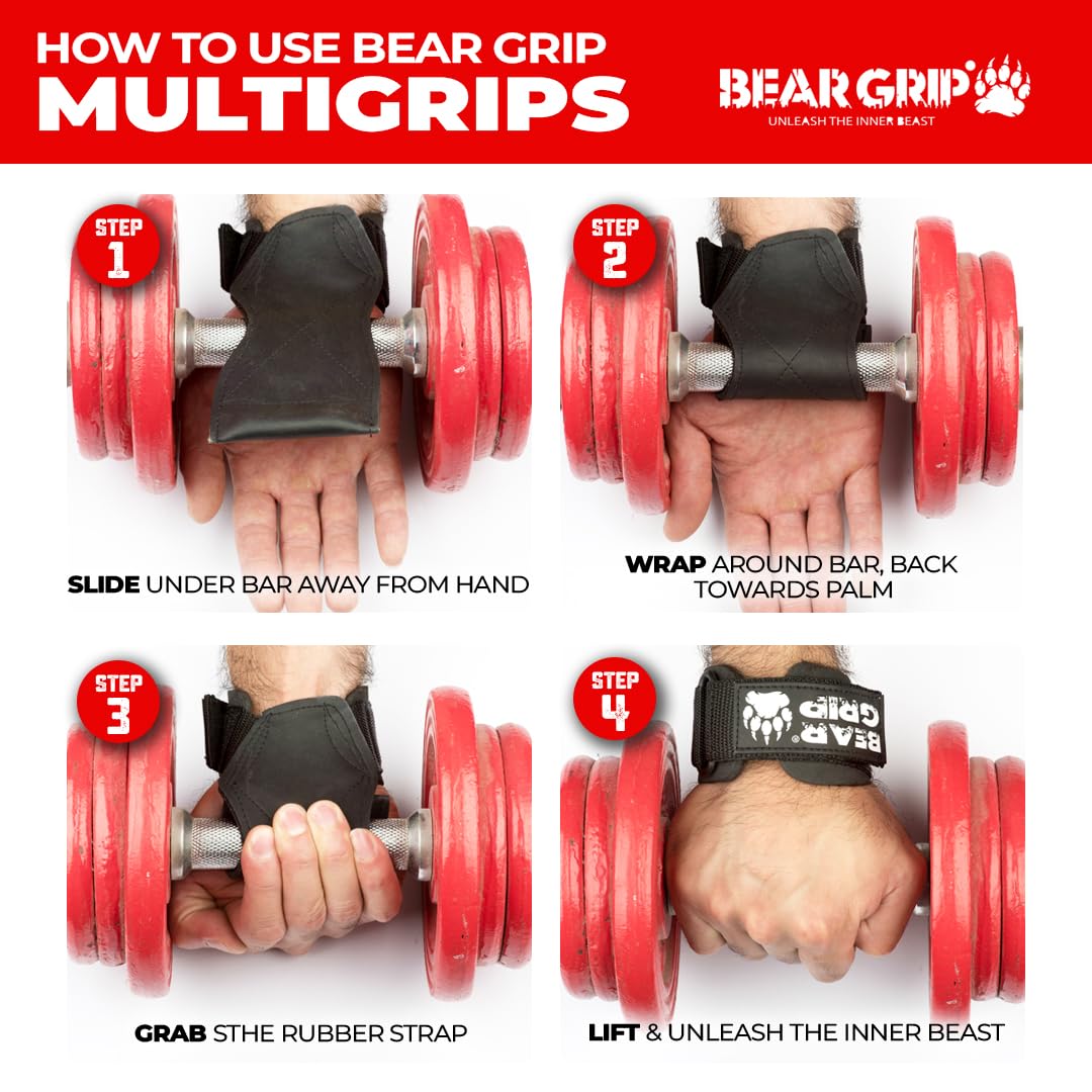 BEAR GRIP Multi Grip Straps/Hooks, Premium Heavy duty weight lifting straps/gloves (Large Rubber)