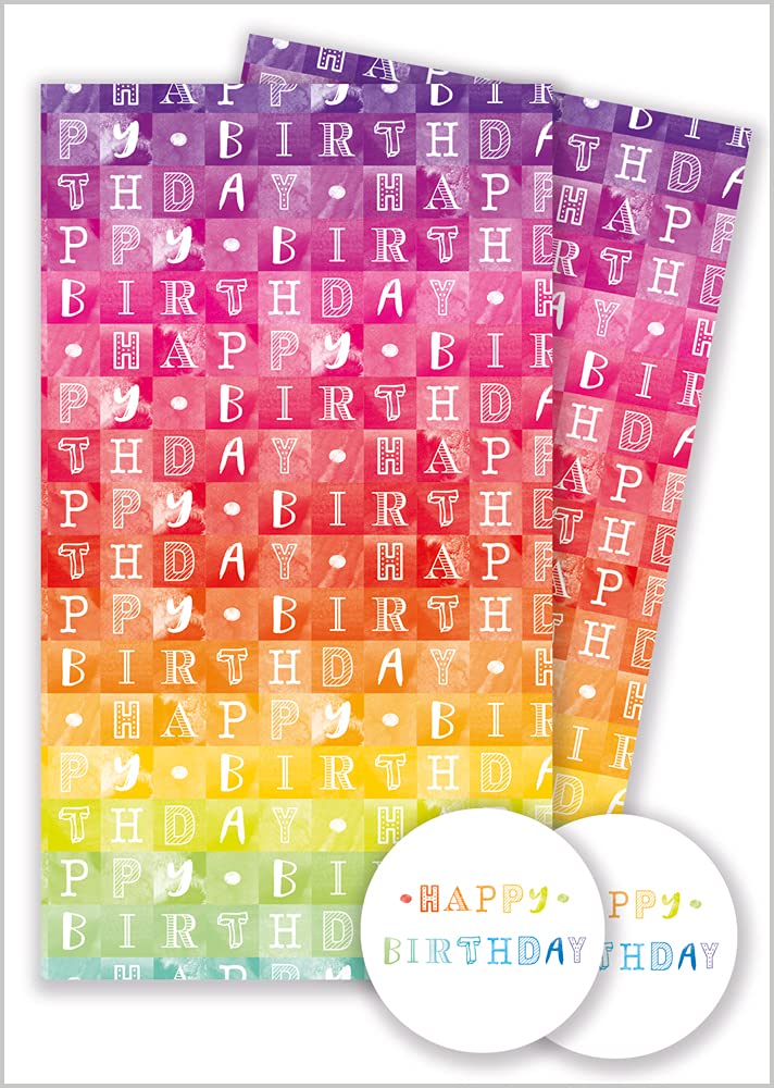 Abacus Cards Wrapping Paper 11364A inchesBirthday Rainbow Colour Blocks inches Gift Wrap Pack with 2 Sheets & 2 Tags, Plastic Free & Fully Recyclable, Multicoloured