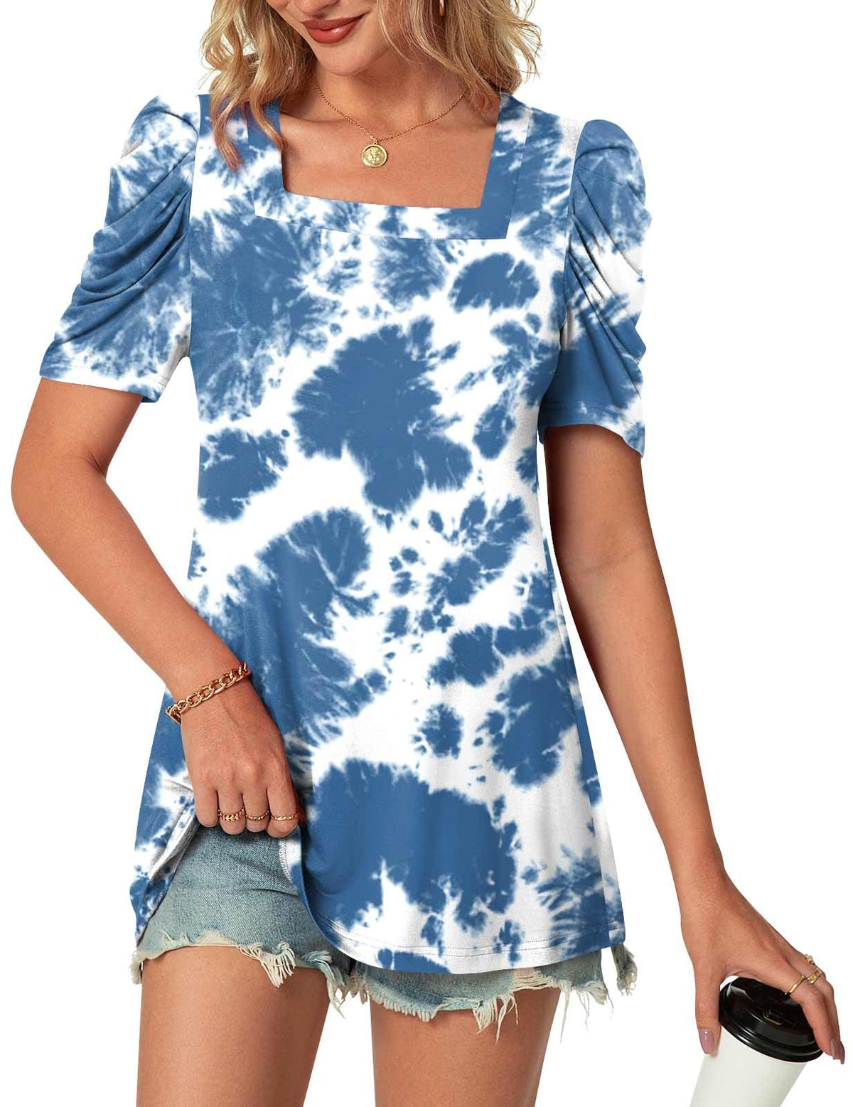 TAOHUADAO Womens Tops Casual Square Neck Puff Short Sleeve Tunic T-shirts for Women,Tie Dye Blue XL