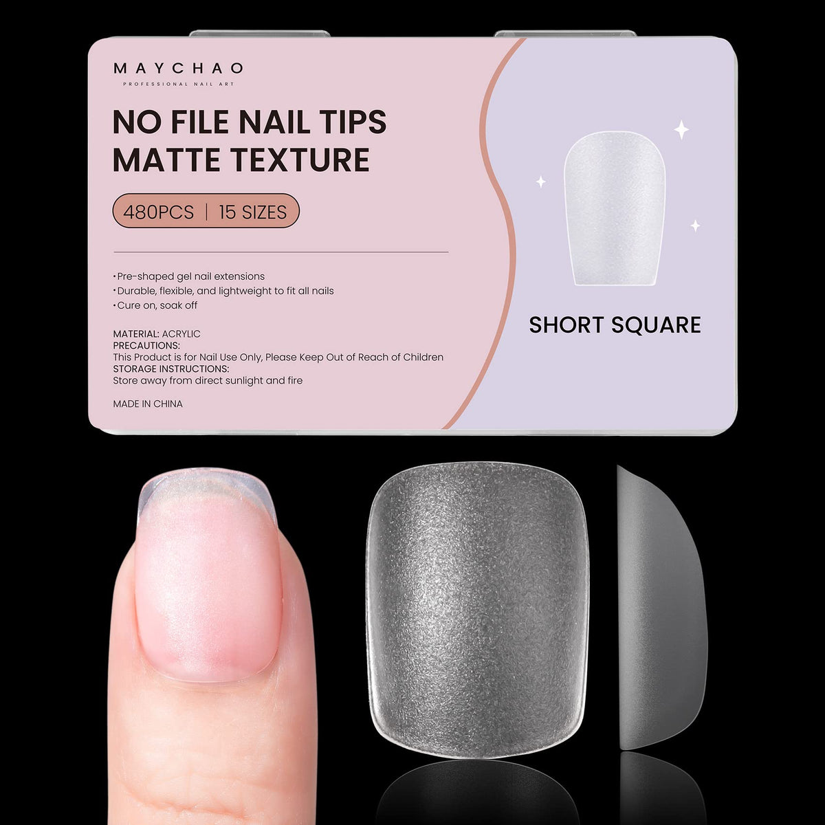 MAYCHAO Square Nail Tips - 480PCS No File Nail Tips Matte Full Cover Acrylic Nail Tips Clear Nail Tips for Soak Off Nail Extensions Kit, False Nails Acrylic Nail Tips, 15 Sizes