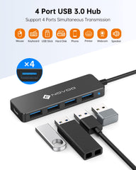 NOVOO Ultra Slim USB Hub 3.0 with 600mm Extended Cable 4 High-Speed Ports, 5Gbps Data Transfer, USB Adapter 5V/2A Power Supply Port, USB Splitter Compatibility for Desktop PC, Laptop, Mobile HDD