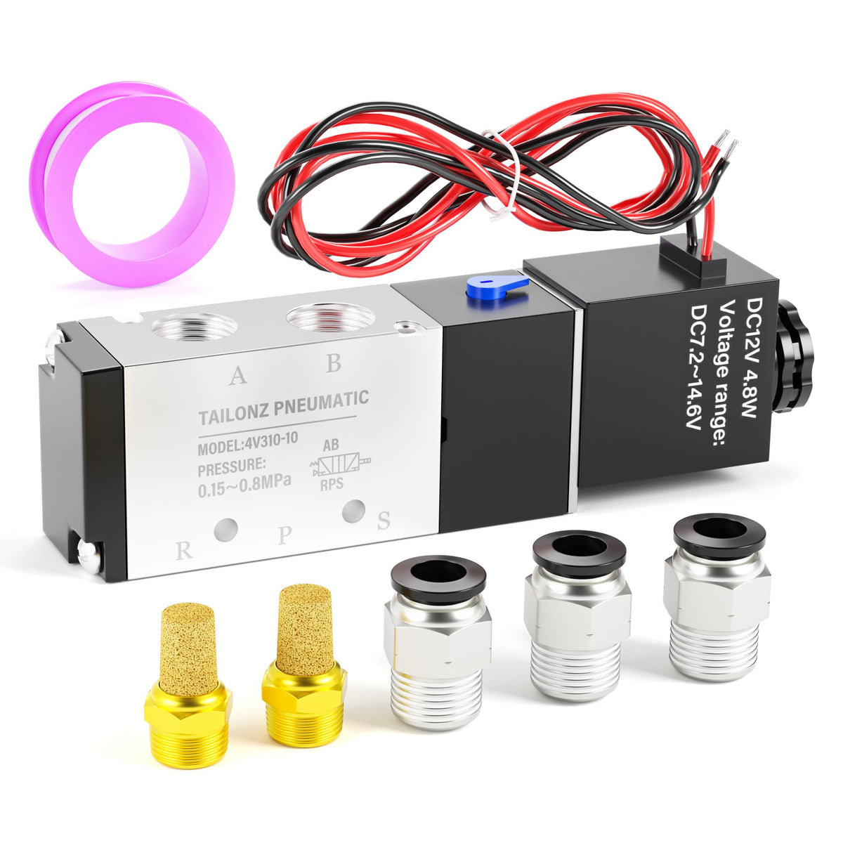 TAILONZ PNEUMATIC 3/8 Inch BSP Solenoid Valve 12V Single Coil Pilot-Operated Electric 2 Position 5 Way Connection Type 4V310-10