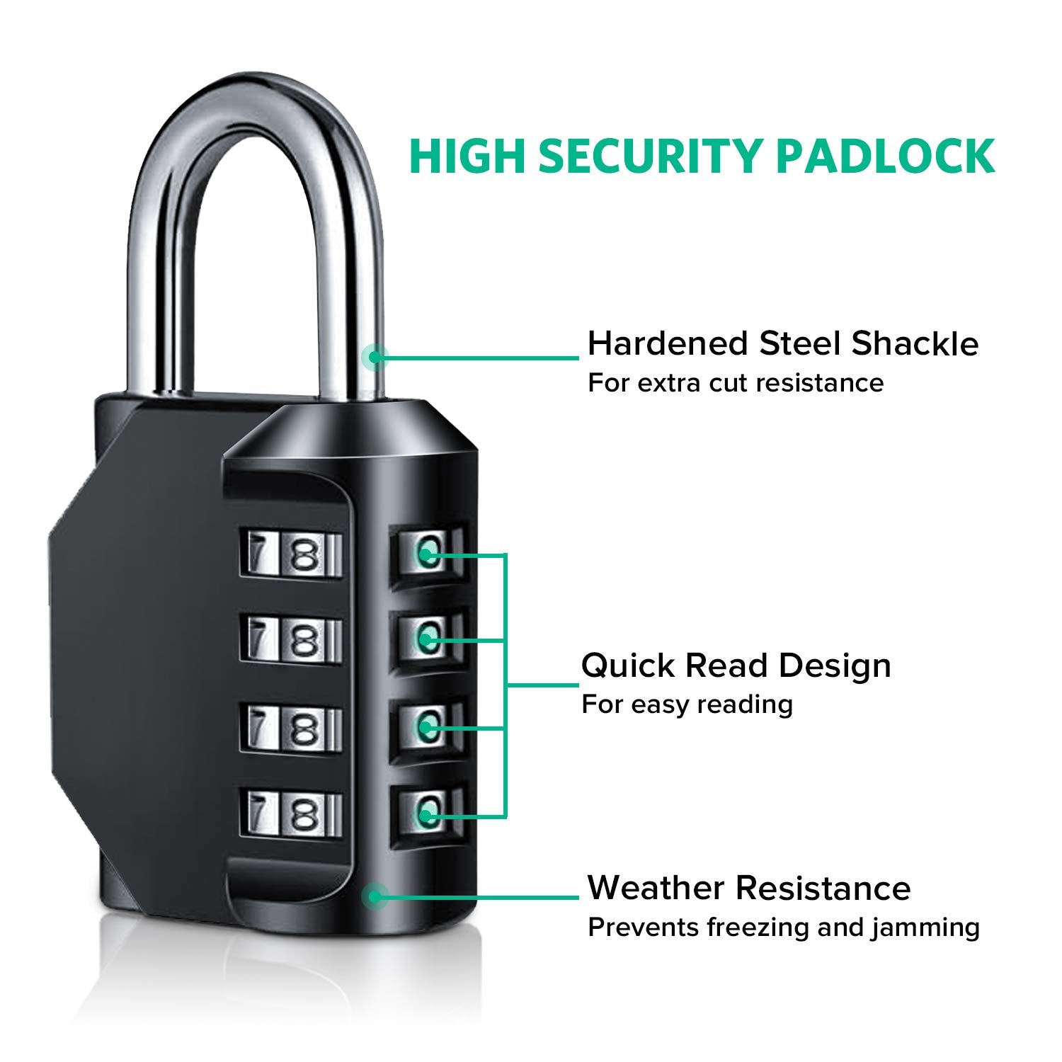 BeskooHome Code Padlock, 4 Digit Outdoor Waterproof Resettable Combination Padlock for School Gym Locker, Shed, Cabinet, Tool Box, Garage, Gate, (1 Pack Black)