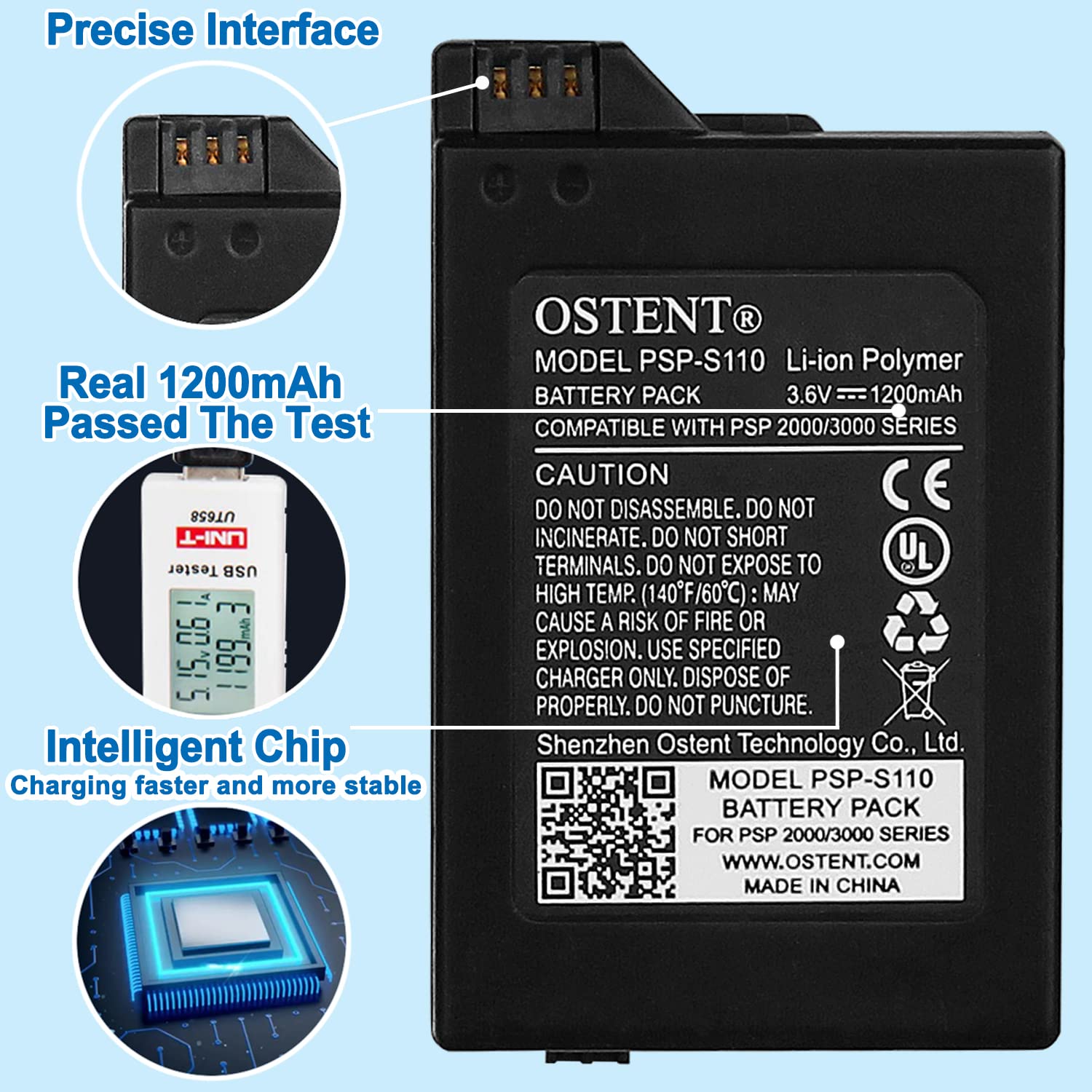 OSTENT 1200mAh 3.6V Lithium Ion Rechargeable Battery Pack Replacement for Sony PSP 2000/3000 PSP-S110 Console