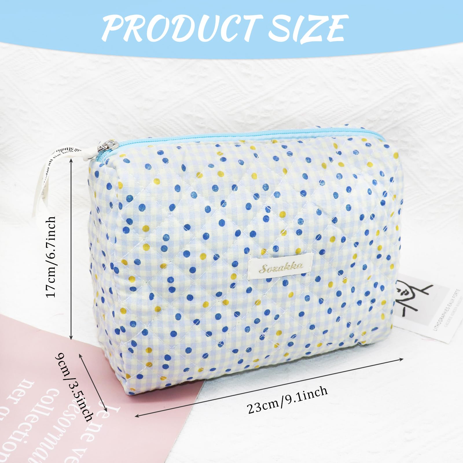 Travel Toiletry Bag, Cotton Floral Travel Makeup Bag, Portable Cosmetic Bag, Travel Makeup Storage Bag for Women Girls (Dot-Blue)