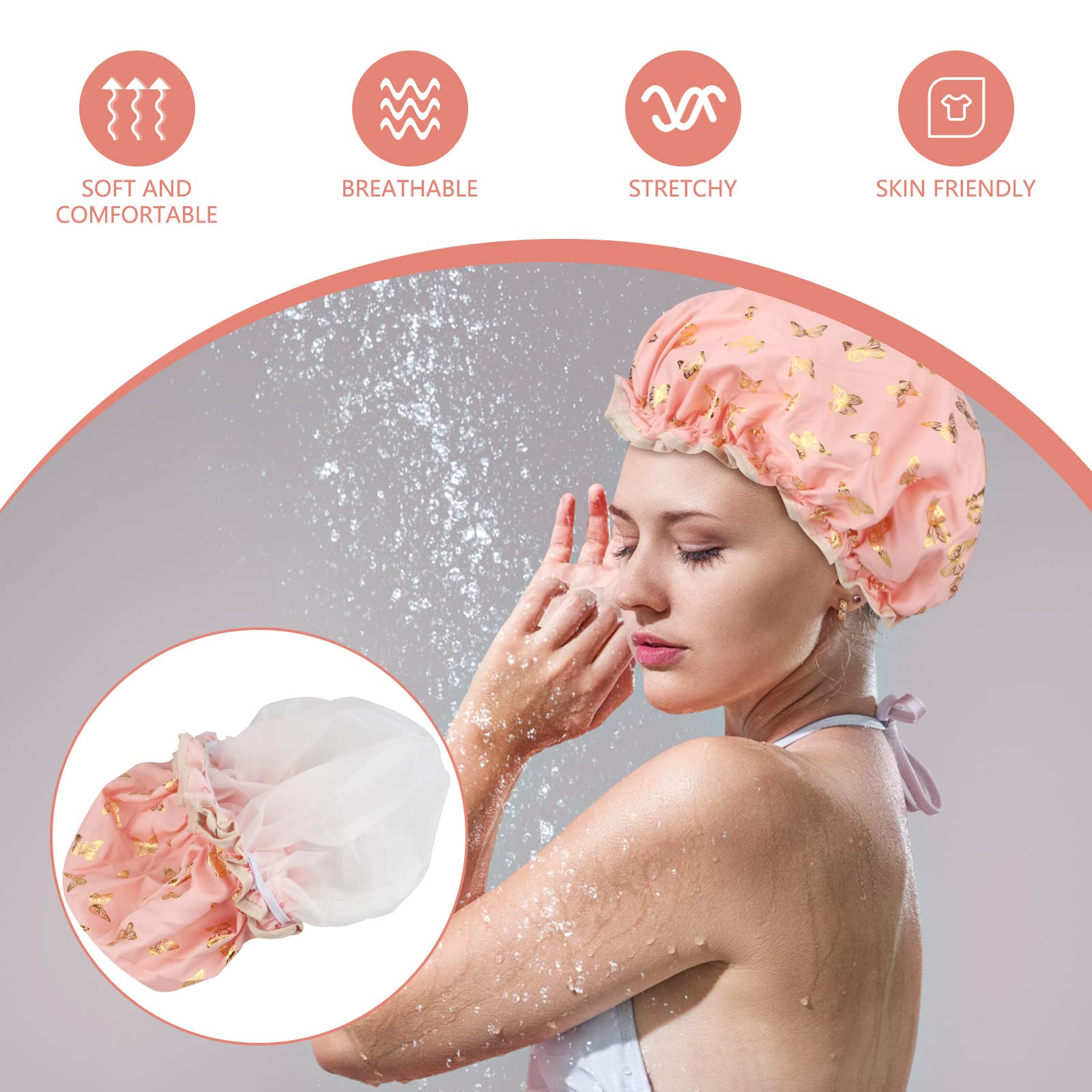 2 PCS Shower Cap Elastic Band Waterproof Bath Caps Double Layers Reusable With Ruffled Edge Covering Ears for Girls and Women