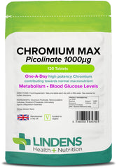 Lindens Chromium Max 1000mcg Picolinate - 120 Tablets   Detox, Metabolism, Blood Glucose,   Mega Potency (2500% NRV)   4 Months Supply, UK Manufacturer, Letterbox Friendly, Vegan