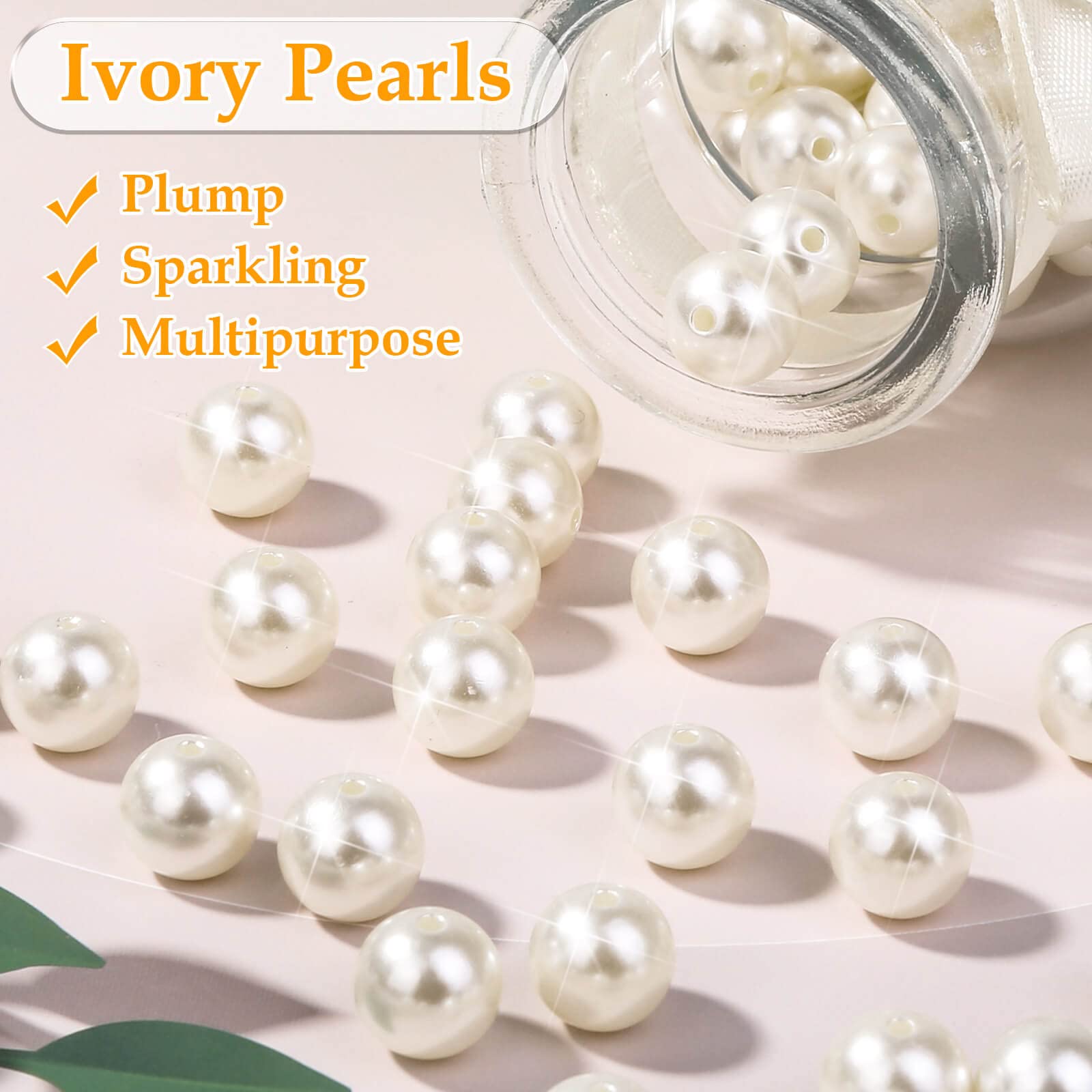 Pearl Beads for Craft, Anezus 200pcs Ivory Faux Fake Pearls, 12 MM Sew on Pearl Beads with Holes for Jewelry Making, Bracelets, Necklaces, Hairs, Crafts, Decoration and Vase Filler