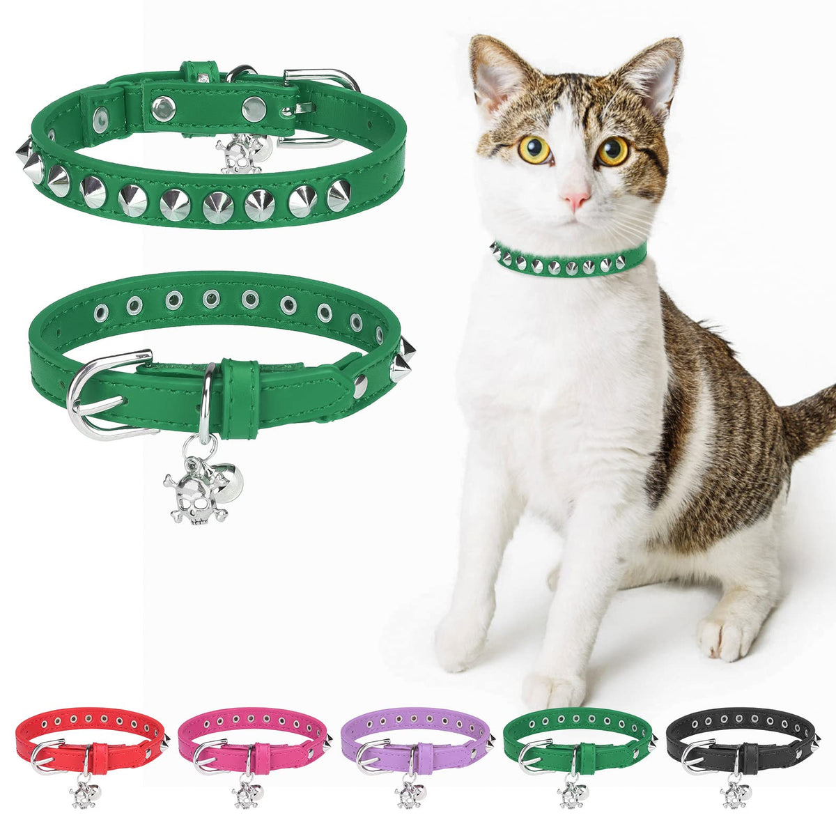 DILLYBUD Leather Cat Collars for Boy Girl Cats with Bell and Safety Elastic Belt, Personalized Rivets Stud Adjustable Safe Buckle Collar with Skull Charm for Kitty Small Pets Size 8-12 Inch, Green