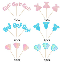 SYKYCTCY 24 Pack Boy or Girl Cupcake Toppers Gender Reveal Cupcake Picks Glitter Onesie Jumpsuit Cake Toppers Bow Tie Cake Decorations for Baby Shower Kids Birthday Theme Party Gradient