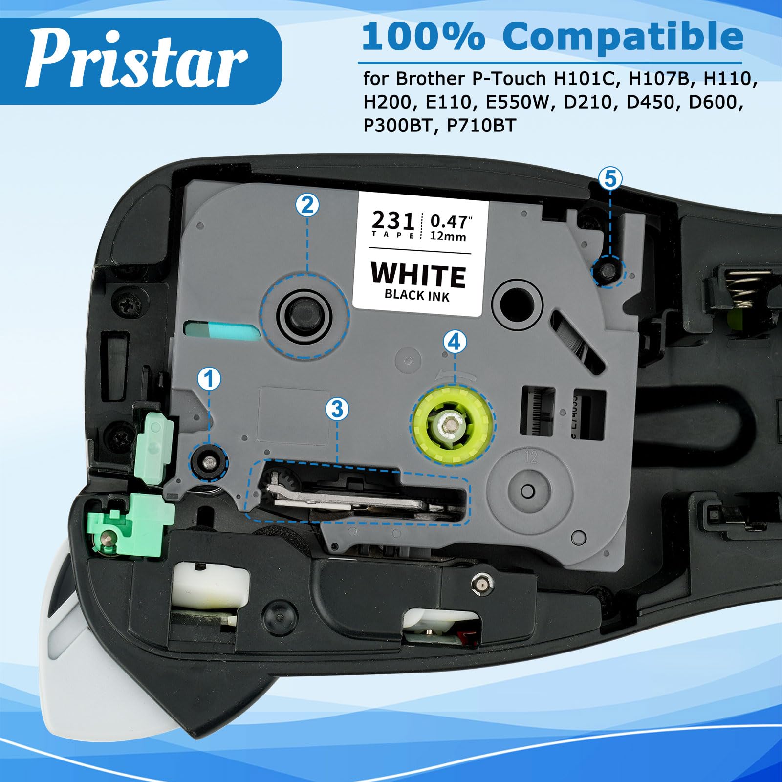 Pristar Compatible TZe-231 Label Tape Replacement for Brother Label Printer Tape 12mm 0.47 TZe231 TZc231 for Brother PT-H100LB PT-H101C PT-H105 PT-H110 PT-H107B PT-1000 PT-1080, Black on White, 3-Pack