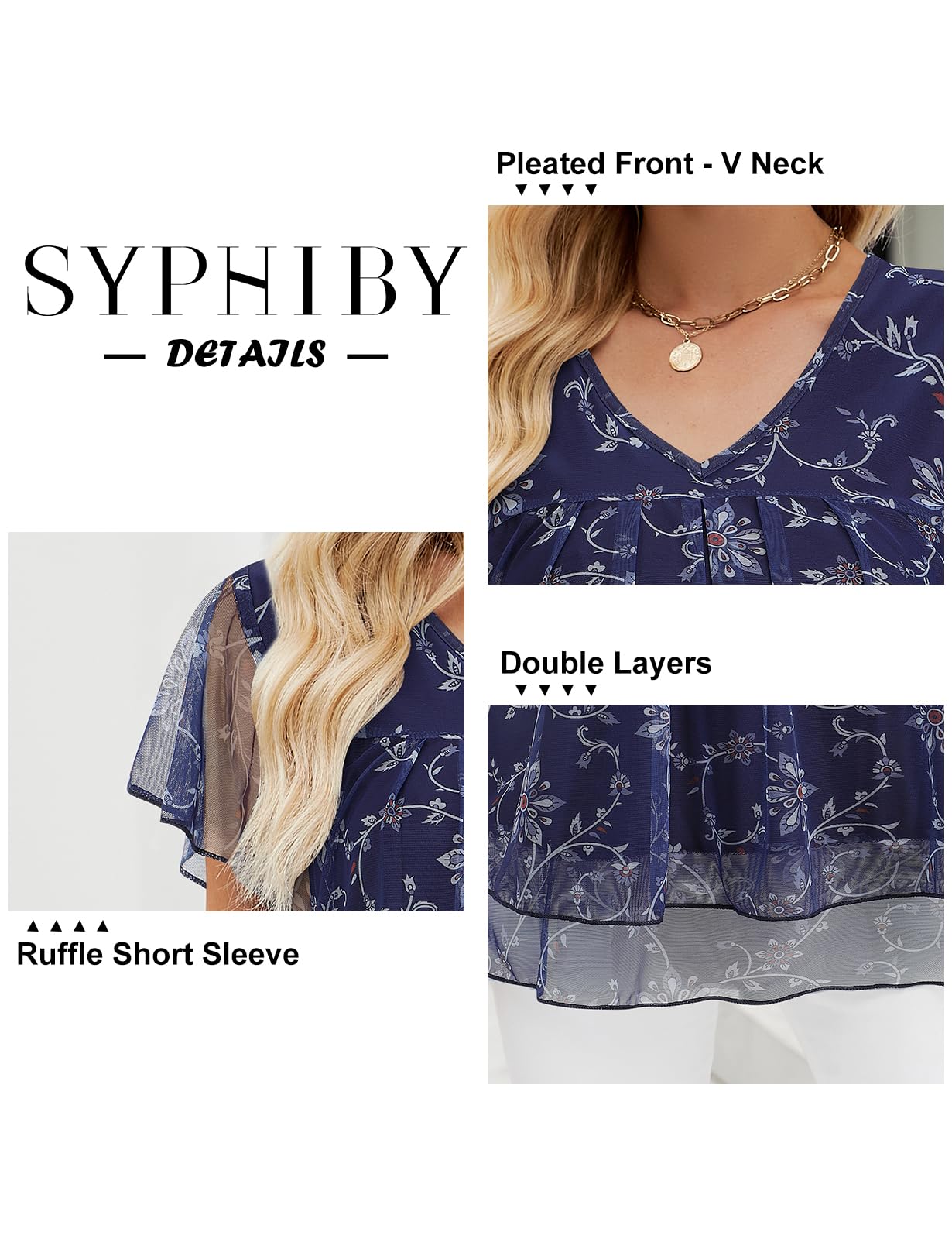 Syphiby Long Tops to Wear with Leggings, Summer Tunic for Women Plus Size Clothing for Womens Short Sleeve Blouses Flowy Shirt Dressy Casual Top Mesh Blouses for Women Work, Navy Blue-3XL