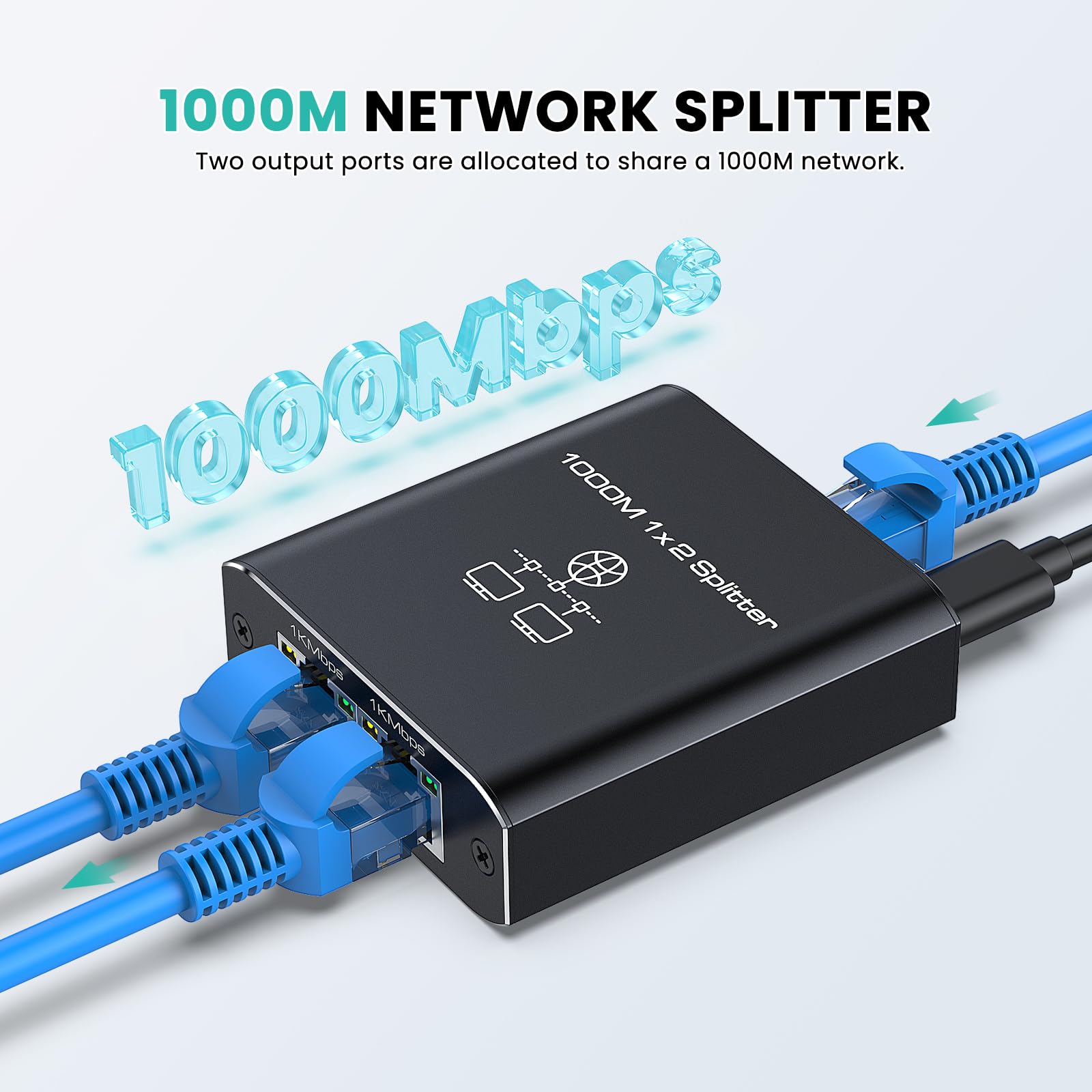 HRSDEIE Ethernet Splitter 1 to 2 Out 1000Mbps, High Speed RJ45 Gigabit Network Splitter 2 Port Network LAN Switch with Type-C Power Cable for Computer, Switch, Hub, Set-Top Box, Digital TV,Router,ADSL