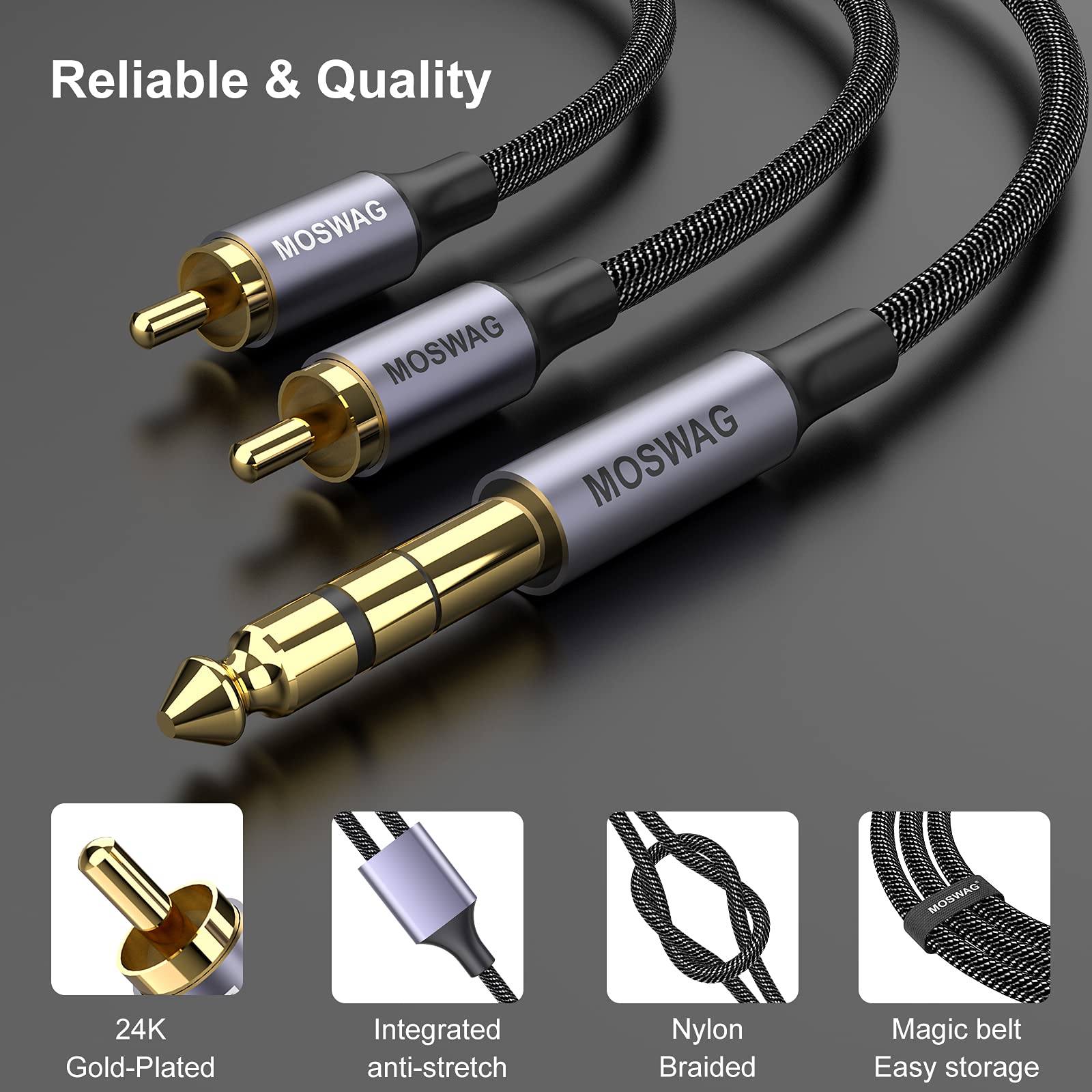 MOSWAG 1/4 to RCA Cable, Quarter inch TRS to RCA Audio Cable 6.35mm Stereo Jack to Dual RCA Insert Cable Y Splitter Cable