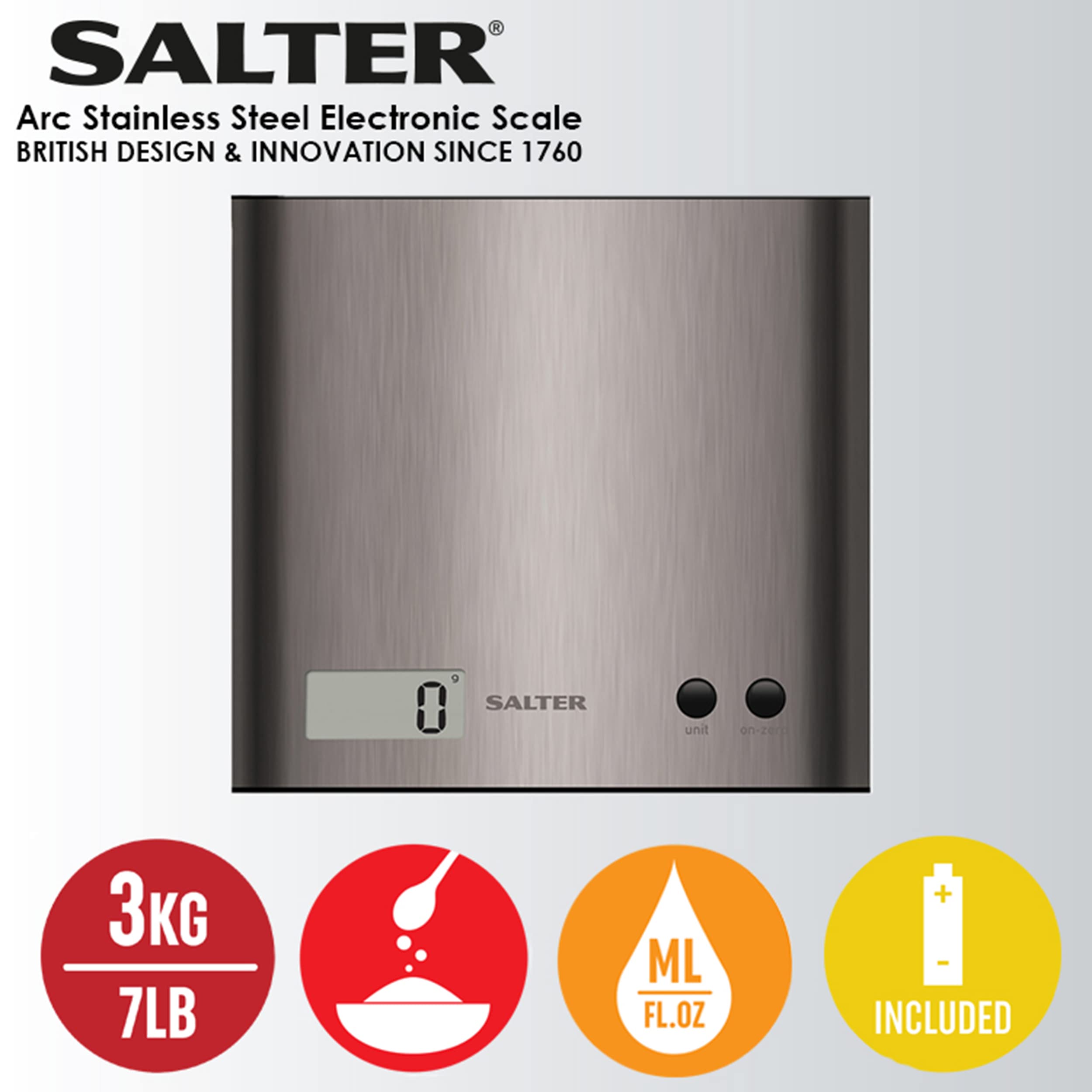 Salter 1087 SSDR Arc Kitchen Scale – Digital Food Weighing Scales, Precise Cooking/Baking, Slim Platform for Compact Storage, Add & Weigh/Tare Function, 3kg Capacity,Battery Included,Stainless Steel