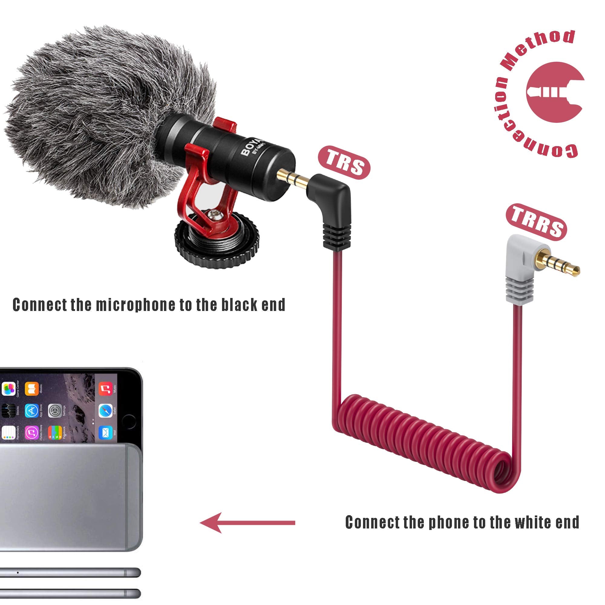 3.5mm TRS to TRRS Microphone Cable, 1/8 inches Male Coiled Right Angle Mic Cord Connect iPhone, Smartphone, Tablets Compatible with Rode SC7, VideoMic, VideoMicro Go, BOYA and More External Microphone