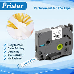 Pristar Compatible TZe-231 Label Tape Replacement for Brother Label Printer Tape 12mm 0.47 TZe231 TZc231 for Brother PT-H100LB PT-H101C PT-H105 PT-H110 PT-H107B PT-1000 PT-1080, Black on White, 3-Pack