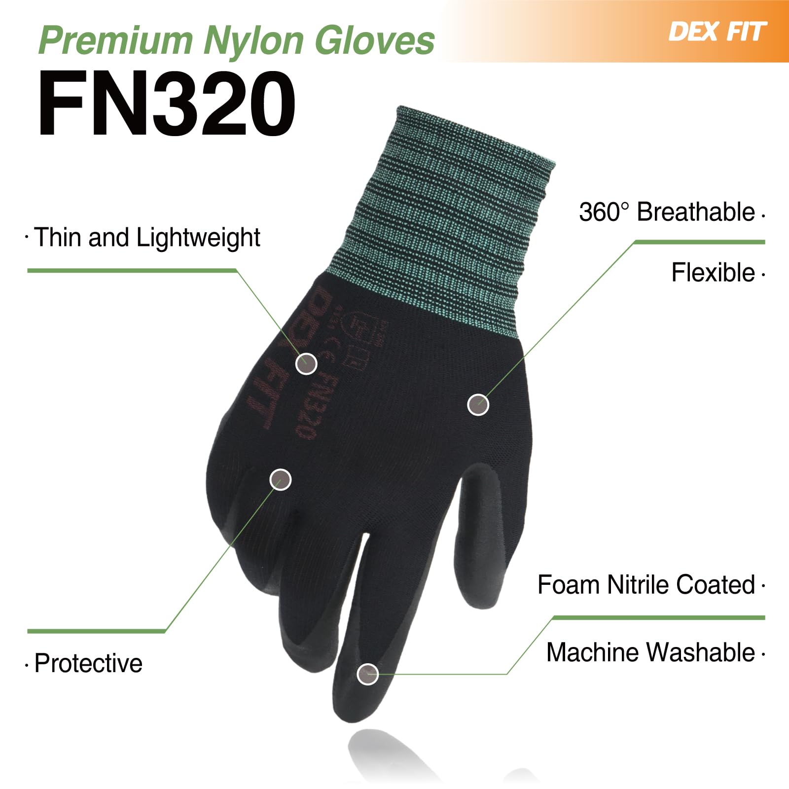 DEX FIT Premium Nylon Nitrile Work Gloves FN320, 3D-Comfort Stretchy Fit, Firm Grip, Thin & Lightweight, Durable, Breathable & Cool, Machine Washable; Black 6 (XS) 1 Pair