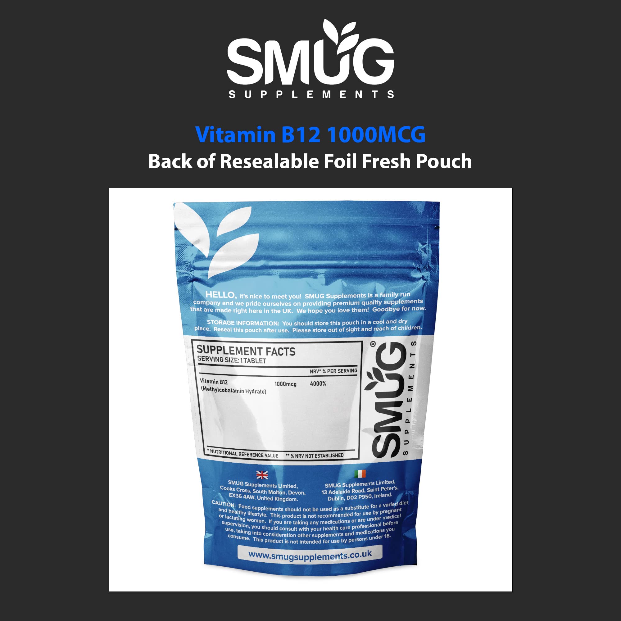 SMUG Supplements Vitamin B12 Tablets - 180 High Strength 1000mcg Pills - Contributes to The Reduction of Fatigue and Tiredness - Suitable for Men and Women - Vegan Friendly - Made in Britain