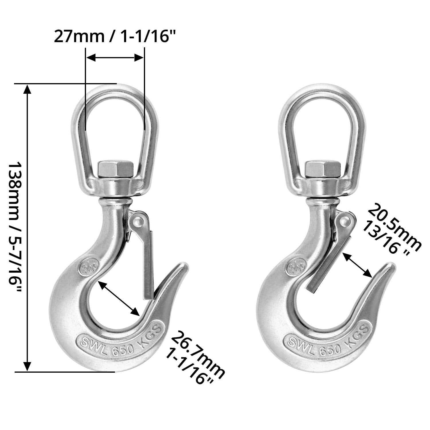 QWORK® Crane Lifting Hook with Latch, Swivel Eye Hook, Rigging Accessory 650kg (1400lb)