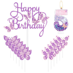 Happy 5th Butterfly Birthday Candles, Pink Purple Number 5 Candle with Butterfly Cake Cupcake Topper for Girls, 5th Birthday Cake Decorations, Cute 5th Birthday Cake Topper for Butterfly Theme Party