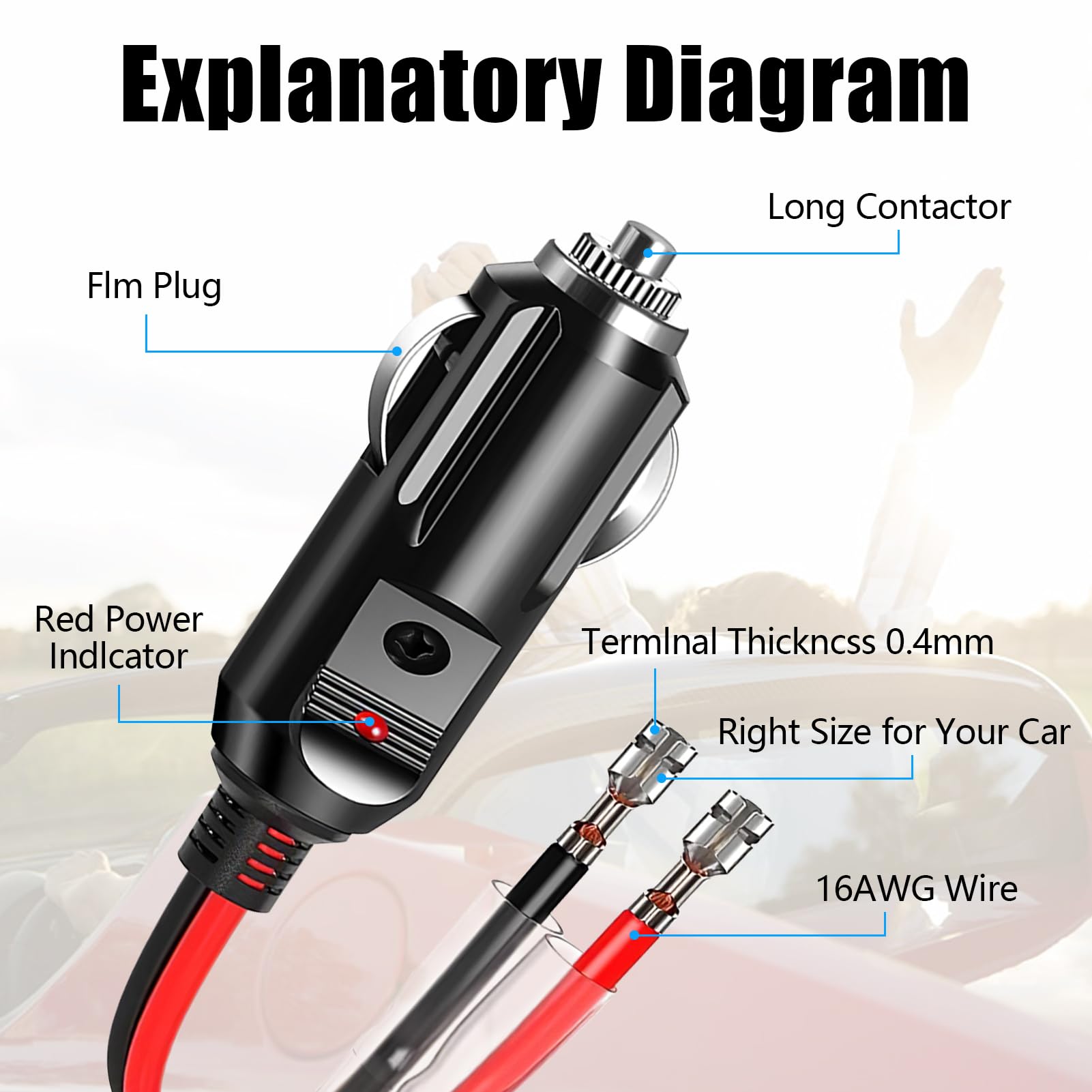 2 Pack Car Cigarette Lighter Male Plug 12V/24V Female Socket Extension Cable with Leads LED Lighter Adapter Heavy Duty Power Supply Cord Waterproof 10A Fuse for Car Vehicle Motorcycle Tractor Boats