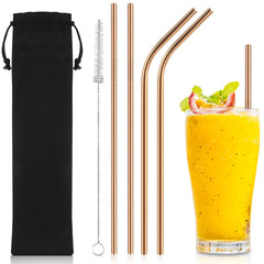 iShop Metal Straws – Reusable Straws Set of 4 Rose Gold– Drinking Straws with Straw Cleaner – Eco-Friendly FDA BPA Free – Includes Cleaning Brush and Travel Pouch – Ideal for Travel, Home Use