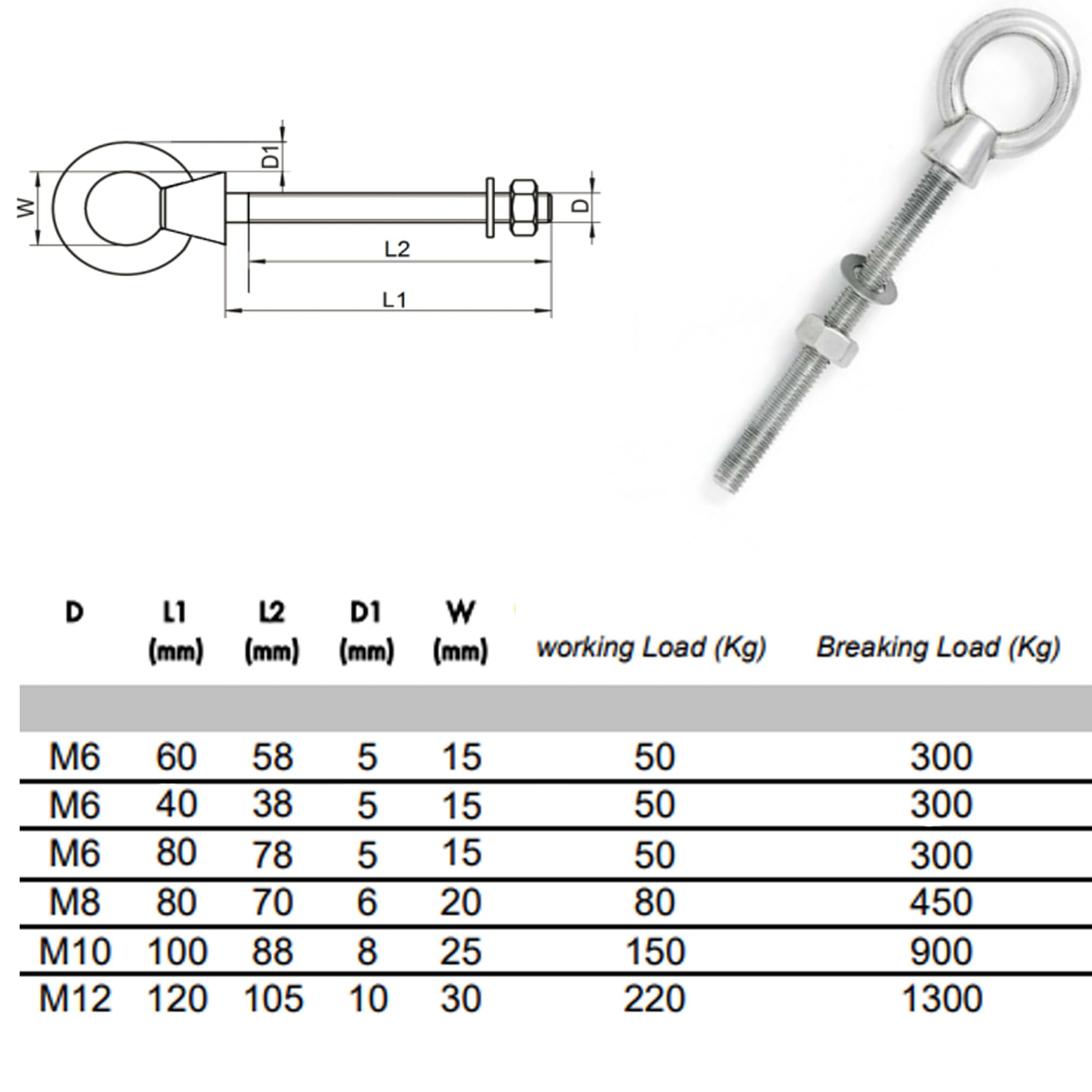 M6 x 60mm Lifting Long Eye Bolt Longshank with Full Nuts and Washer Stainless Steel Marine Grade (Pack of 1)