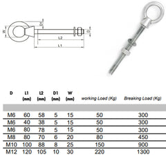 M6 x 60mm Lifting Long Eye Bolt Longshank with Full Nuts and Washer Stainless Steel Marine Grade (Pack of 1)