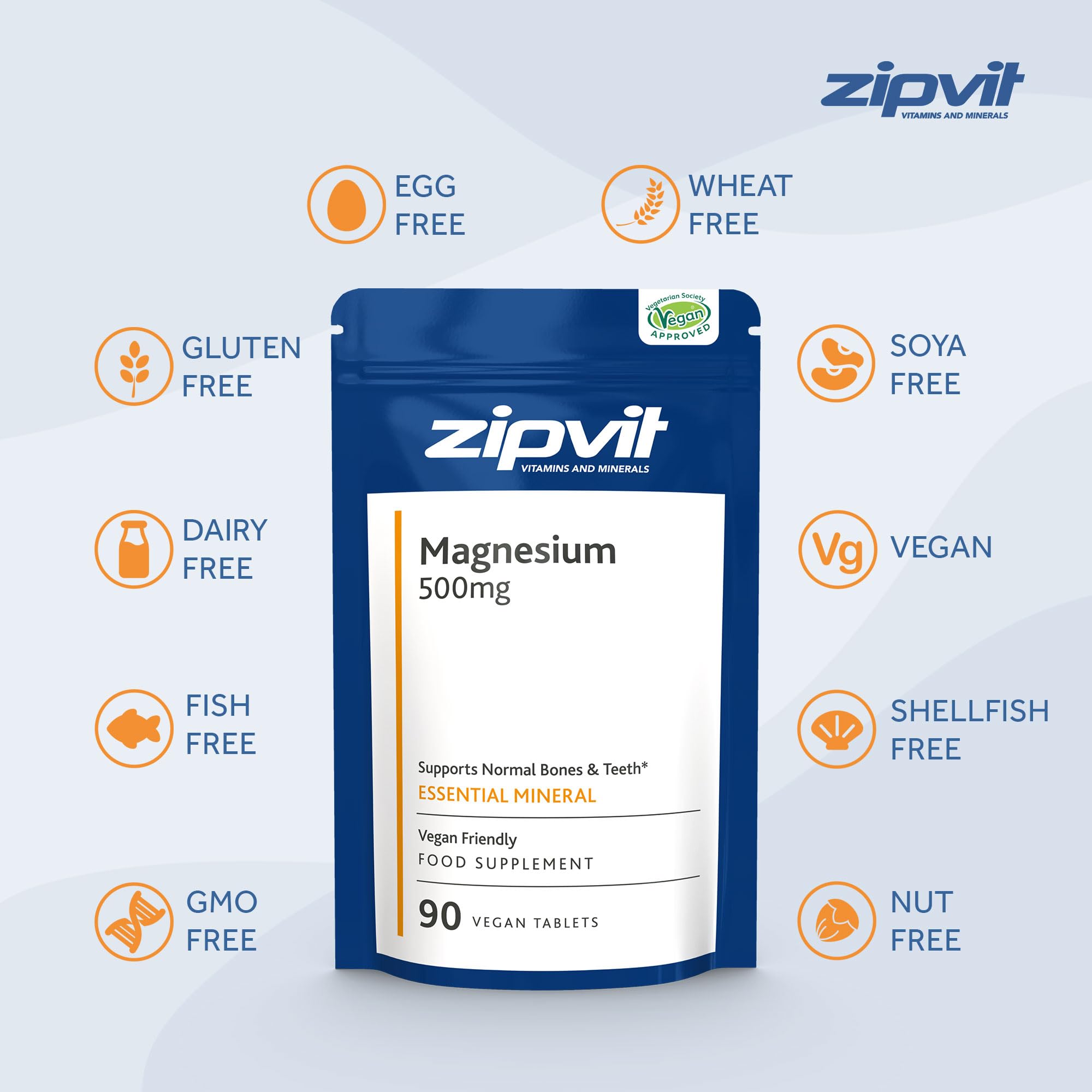 Magnesium 500mg Supplement, 90 Vegan Tablets in Pouch, 3 Months Supply, 1 Per Day, High Strength Elemental Magnesium, Contributes to Reduction of Tiredness and Fatigue