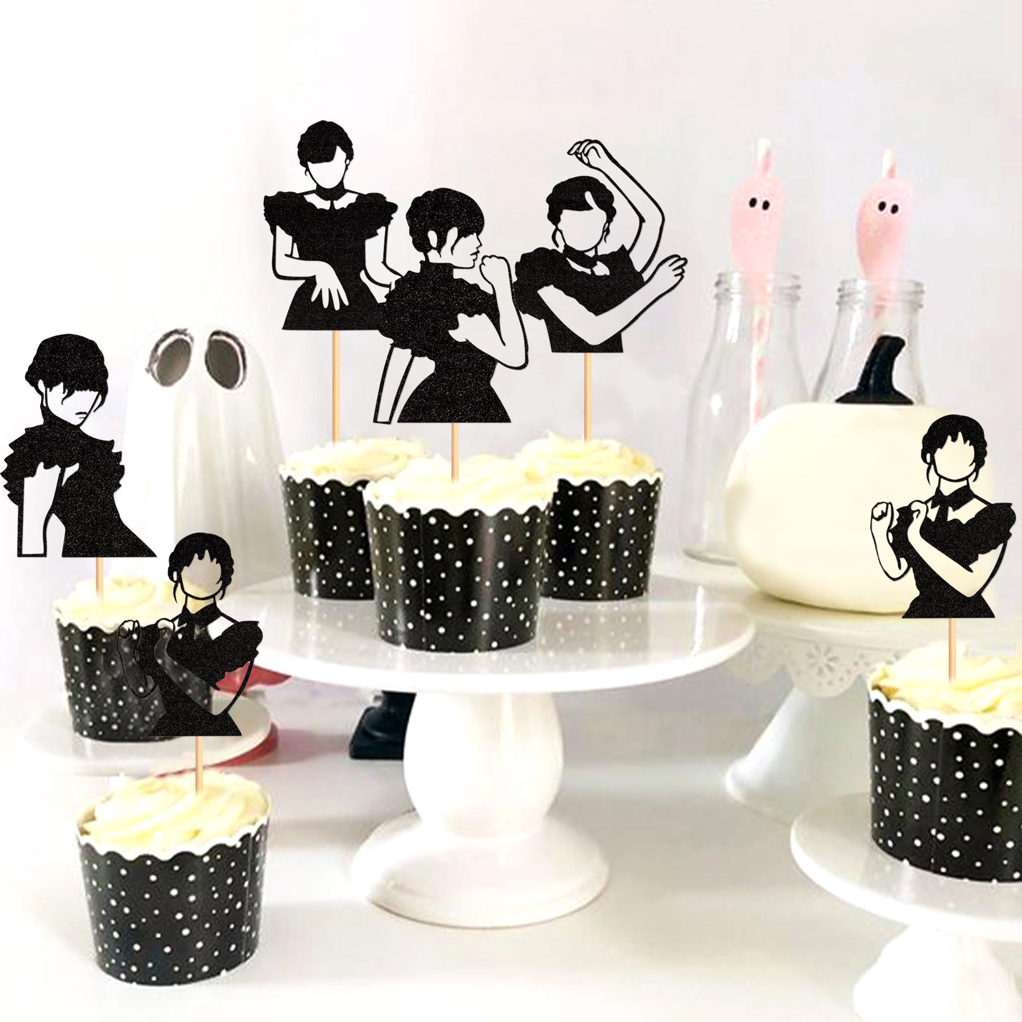 25Pcs Wednesday Addams Happy Birthday Cake Decoration Glitter Wednesday Addams Cake Decoration Spider Web Thing Hand Wednesday Girls Cake Topper for Fantasy Horror Wednesday Children Birthday Party