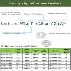 M3 Washers, M3 x 7mm Metal Flat Penny Washers Thickness 0.5mm-A2 304 Stainless Steel Washers (50 Pack), AMLOOPH Large OD Plain Wide Metal Washers, Round Flat Spacer Repair Washer For Screws Bolts