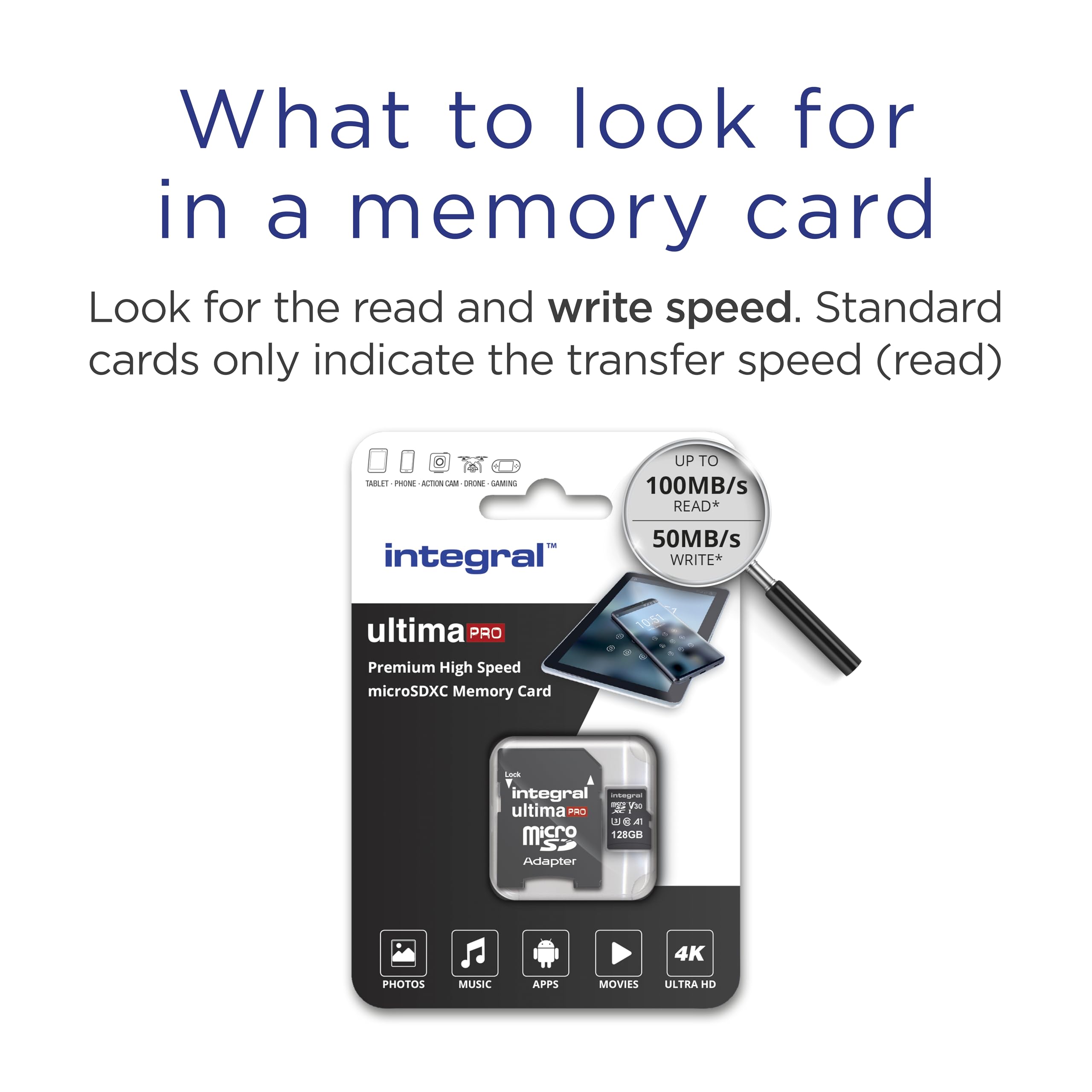 Integral 128GB Micro SD Card 4K Video Premium High Speed Memory Card SDXC Up to 100MB s Read and 50MB s Write speed V30 C10 U3 UHS-I A1