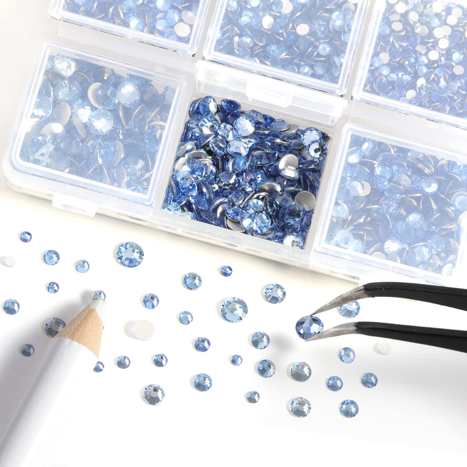 Beadsland 4300pcs Flatback Rhinestones,Light Blue Rhinestones Nail Gems Round Crystal Rhinestones for Crafts,Mixed 6 Sizes with Picking Tweezers and Wax Pencil Kit, SS6-SS20,Light Sapphire