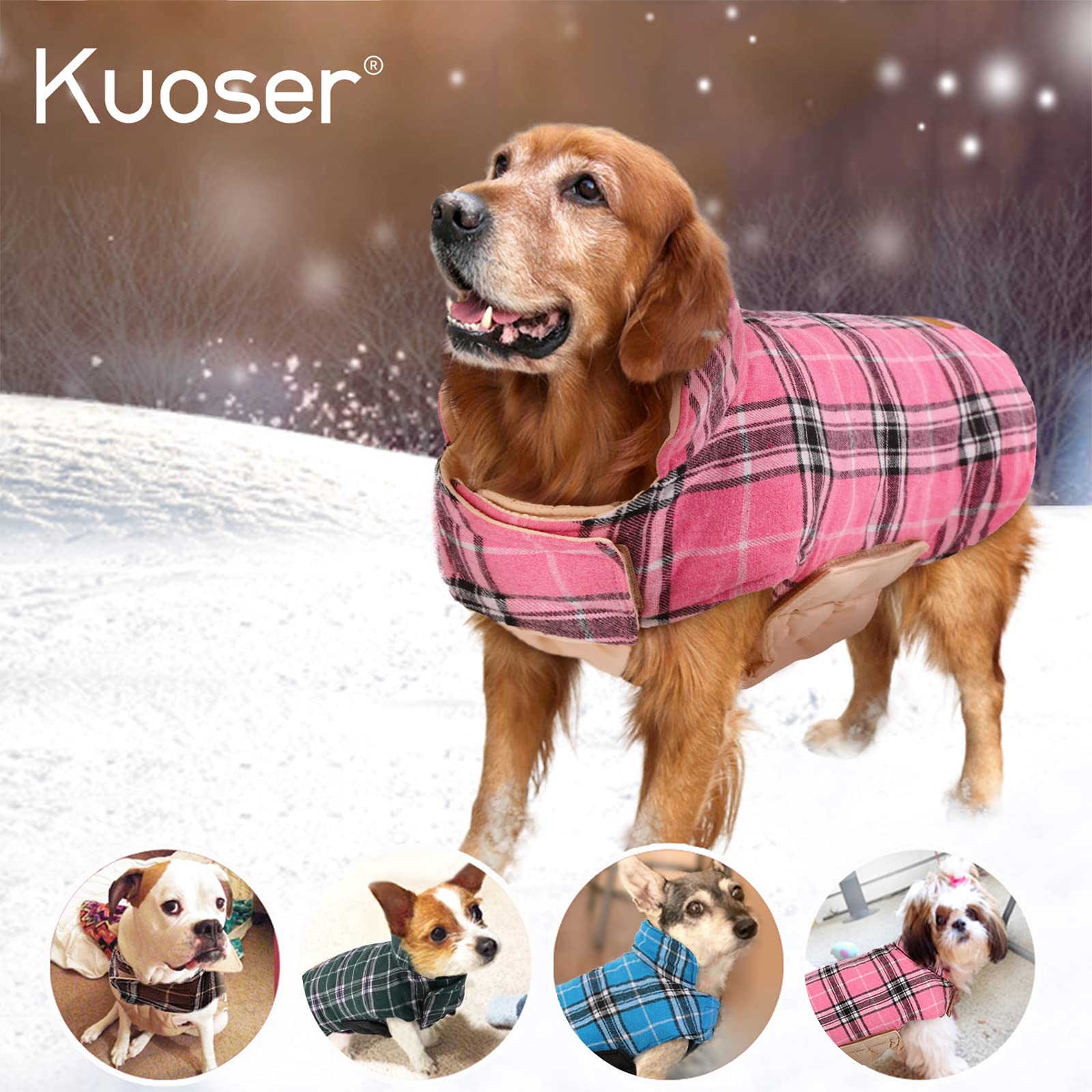 Kuoser Warm Dog Coat, Reversible Dog Jacket Waterproof Dog Winter Coat British Style Plaid Dog Clothes Pet Dog Cold Weather Coats Cozy Snow Jacket Vest for Small Medium Large Dogs Pink XS