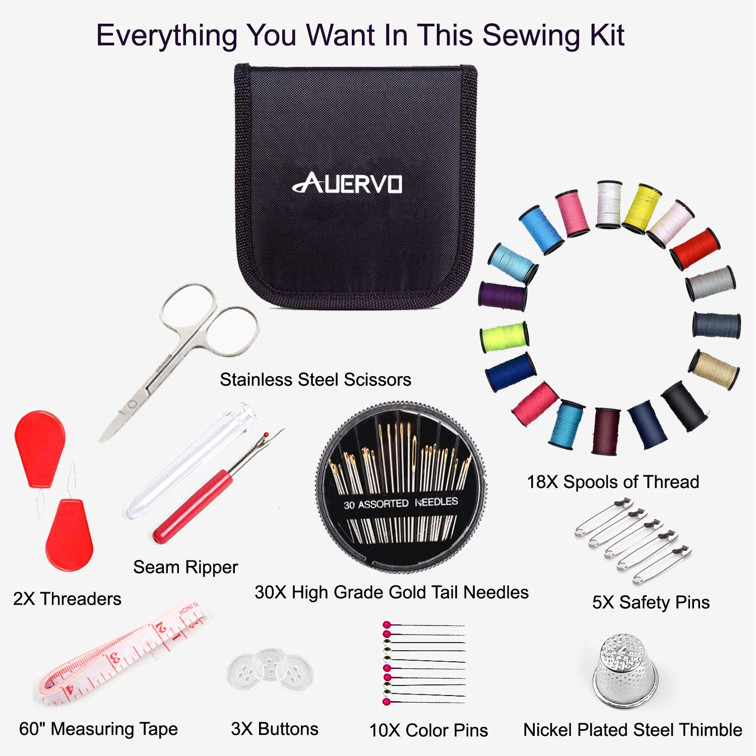 AUERVO Travel Sewing Kit, Over 70 DIY Premium Sewing Supplies,Mini Sewing kit for Home, Travel & Emergency Filled with Mending and Sewing Needles, Scissors, Thimble, Thread,Tape Measure etc…