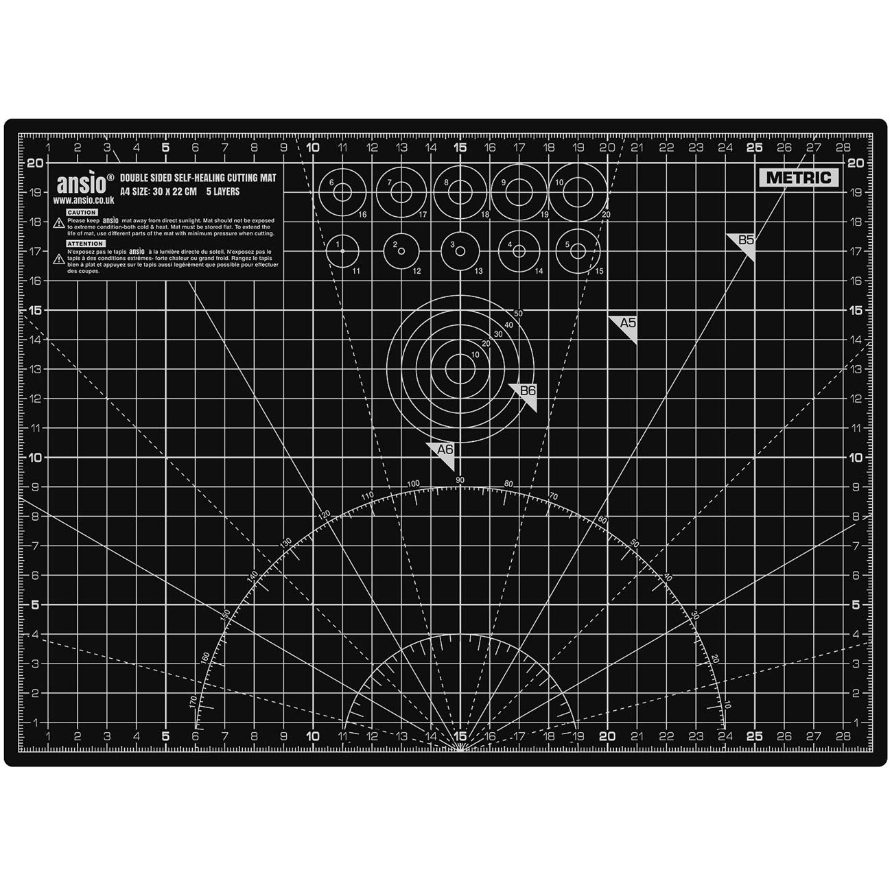 ANSIO Craft Cutting Mat Self Healing A4 Double Sided 5 Layers - Quilting, Sewing, Scrapbooking, Fabric & Papercraft - Imperial/Metric 11 Inch x 8 Inch / 29cm x 21cm - Black