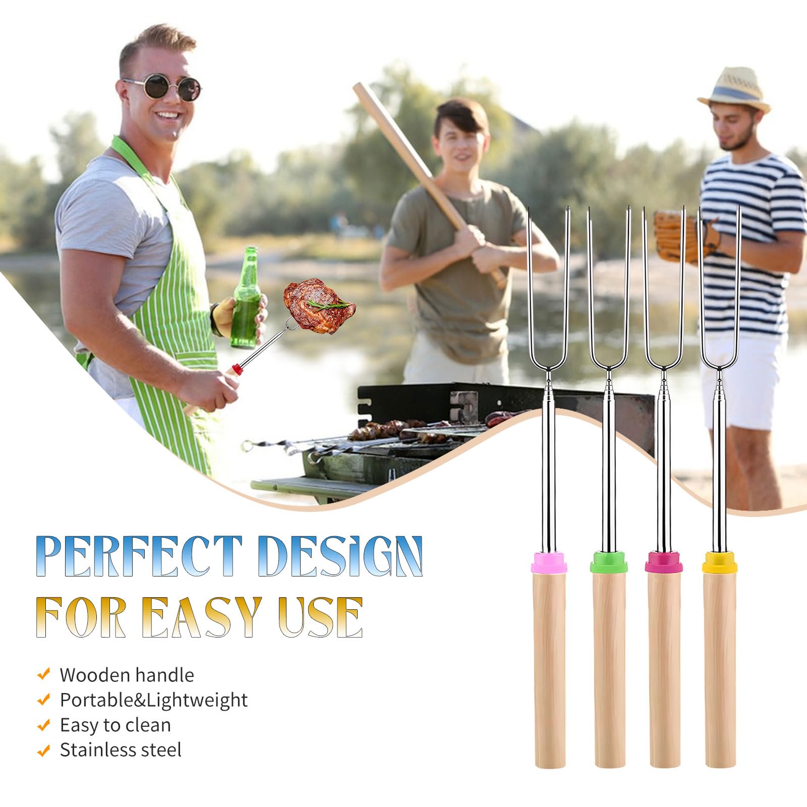 SULIVES 4 Pack Marshmallow Toasting Forks Kit - Extendable Stainless Steel Smores Sticks for BBQ and Campfire - Retractable Outdoor Campfire Accessories for Roasting Marshmallows and Hot Dogs