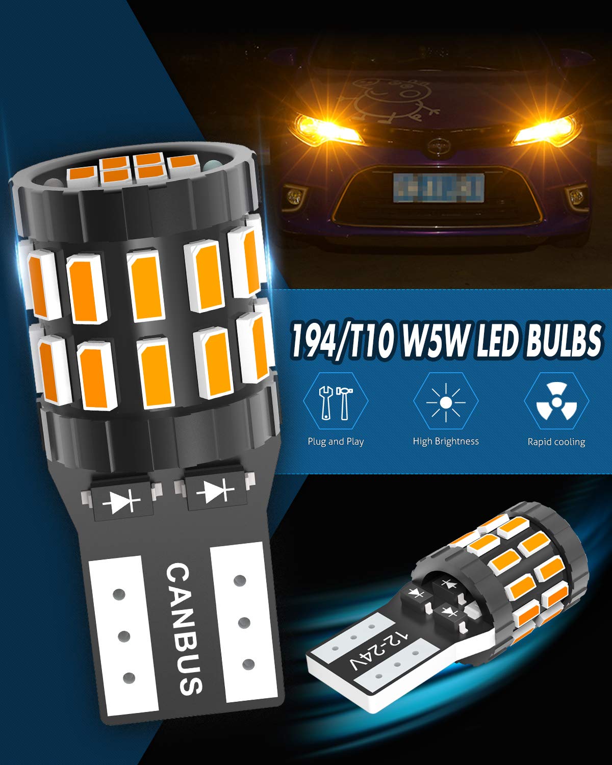 KATUR 194 T10 W5W 168 LED Light Bulb Super Bright Blue 30-SMD 3014 Chips 12-24V CANBUS Error Free LED Bulbs Replacement for Car Dome Map Door Courtesy License Plate Light(Upgraded Version)