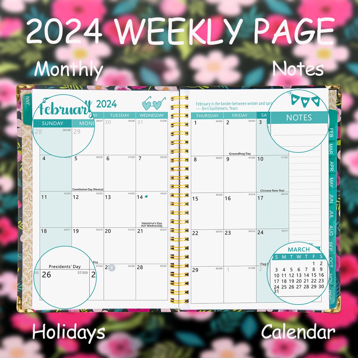 NADSSJL Diary 2024-2024 Diary A5 Week to View, Jan.2024 - Dec.2024, Twin-wire Binding, Beautiful Hardcover, Inner Pocket, 21.5 x 15.5 x 1.5 cm - White