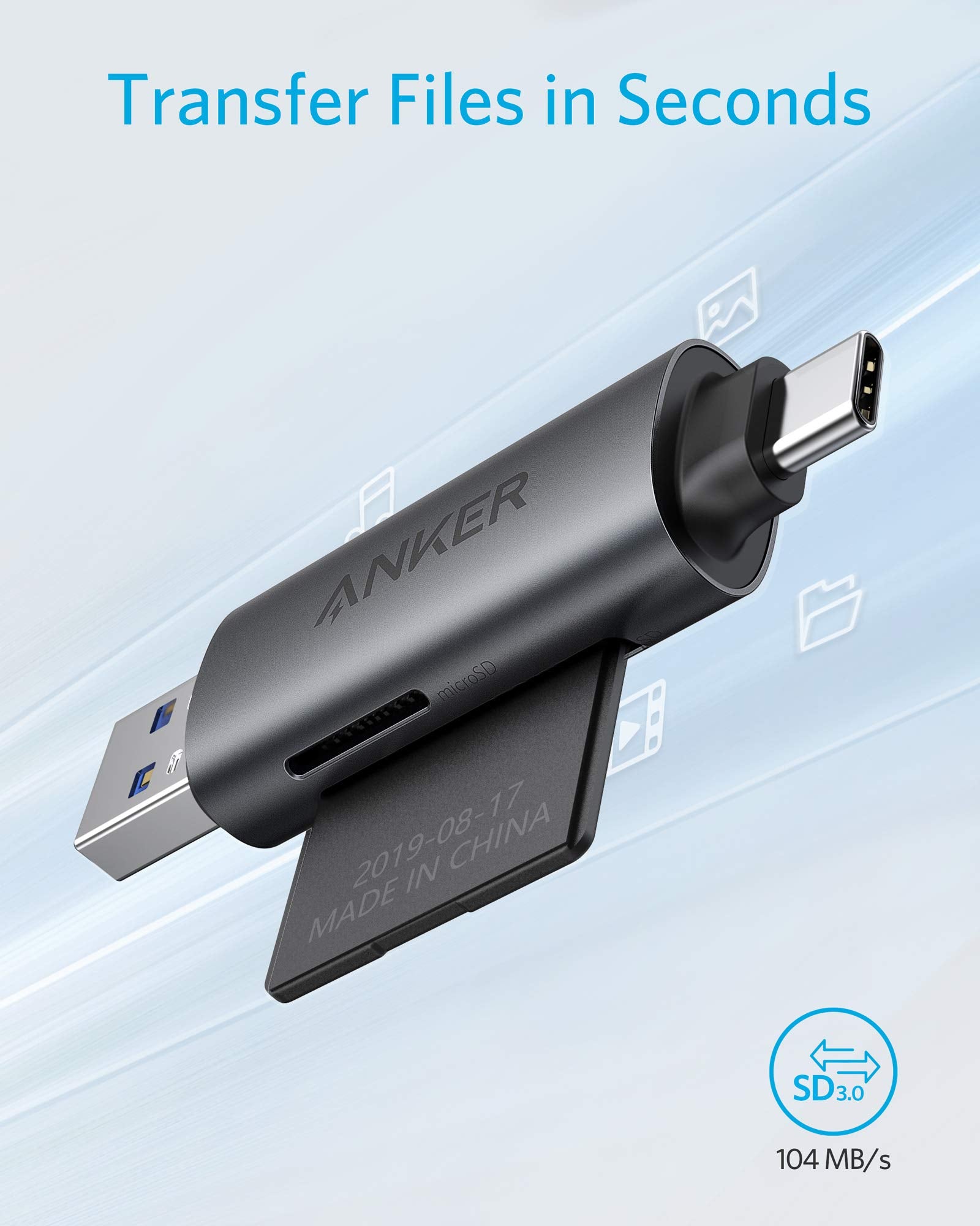 Anker USB-C and USB 3.0 SD Card Reader, PowerExpandand 2-in-1 Memory Card Reader with Dual Connectors, for SDXC, SDHC, SD, MMC, RS-MMC, Micro SDXC, Micro SD, Micro SDHC Card, and UHS-I Cards