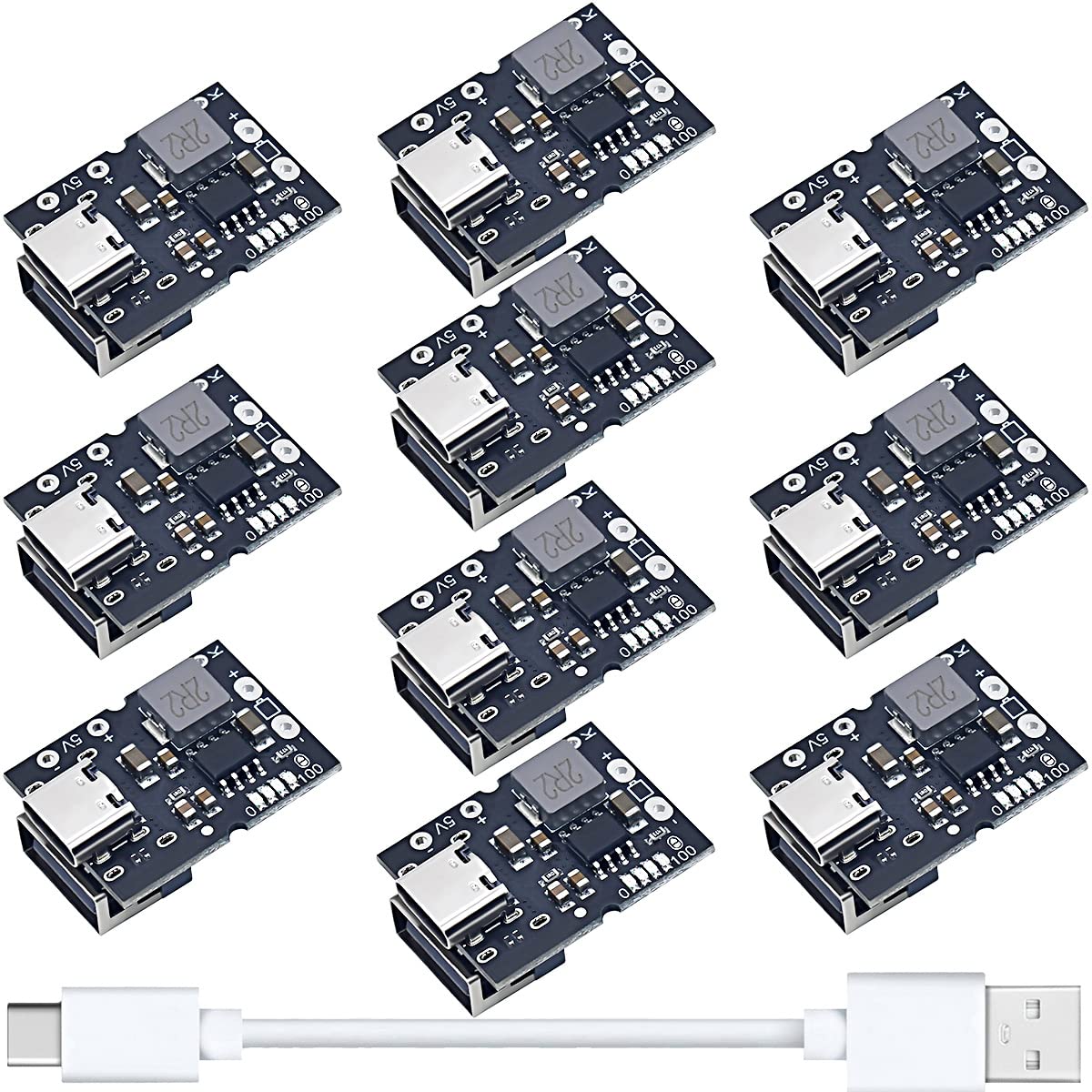 Youmile 10 pcs Type-C USB 5V 2A Boost Converter module Step-Up Power Module LED Display Charge and discharge integrated Lithium battery charging protection board with Type-C to USB cable