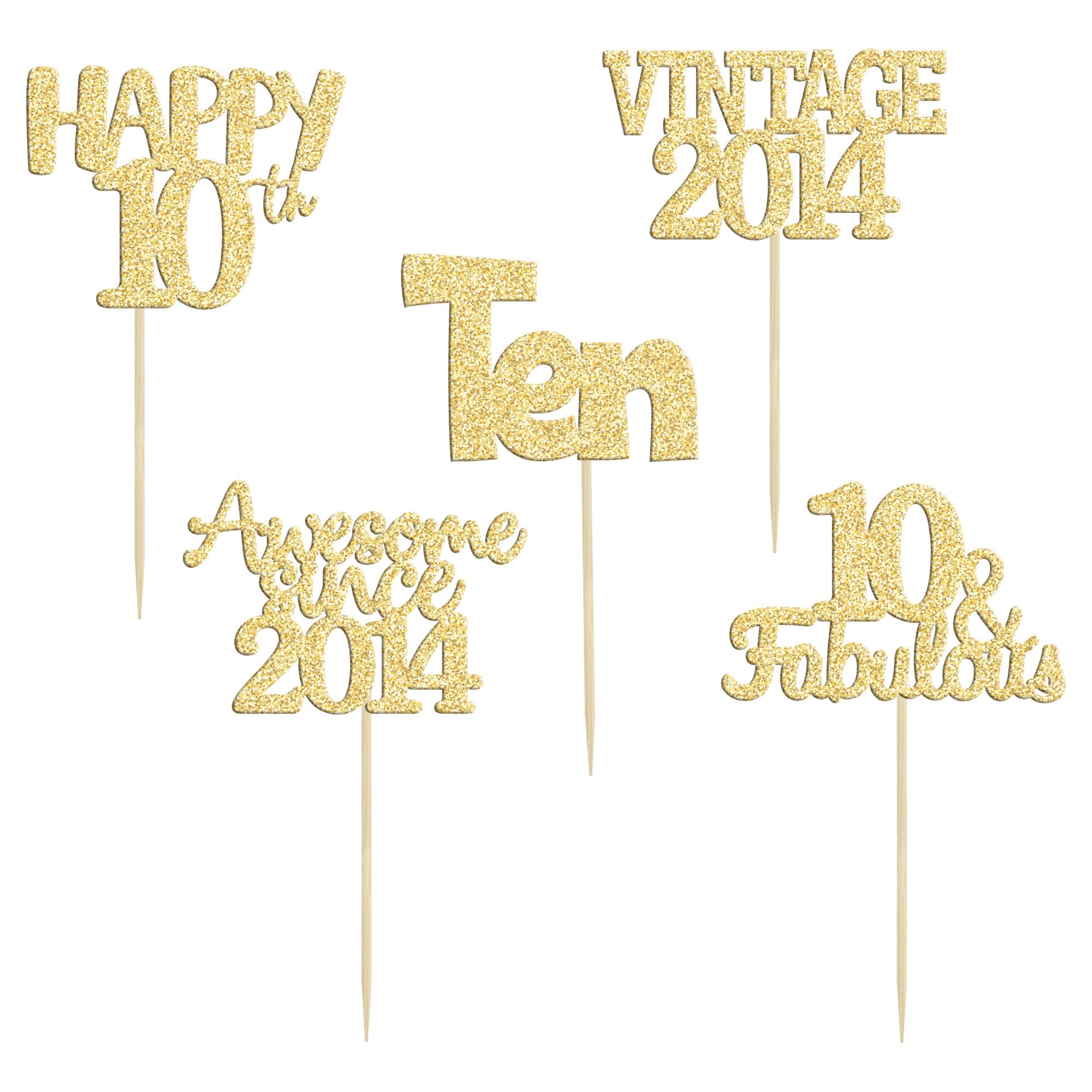 Gyufise 30Pcs Happy 10th Cupcake Toppers Glitter Ten Vintage 2014 Cupcake Picks Cheers to 10 Years Birthday Cake Decorations for Happy 10th Birthday Anniversary Party Supplies Gold