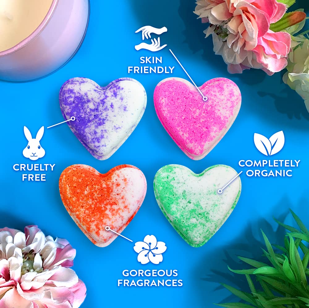 Zimpli Gifts 4 x Large Love Heart Bath Bombs Gift Set, Ideal Valentines Day Present for Her, Women, Girlfriend, Wife, Xmas Stocking Filler, Beauty Spa Fizzers