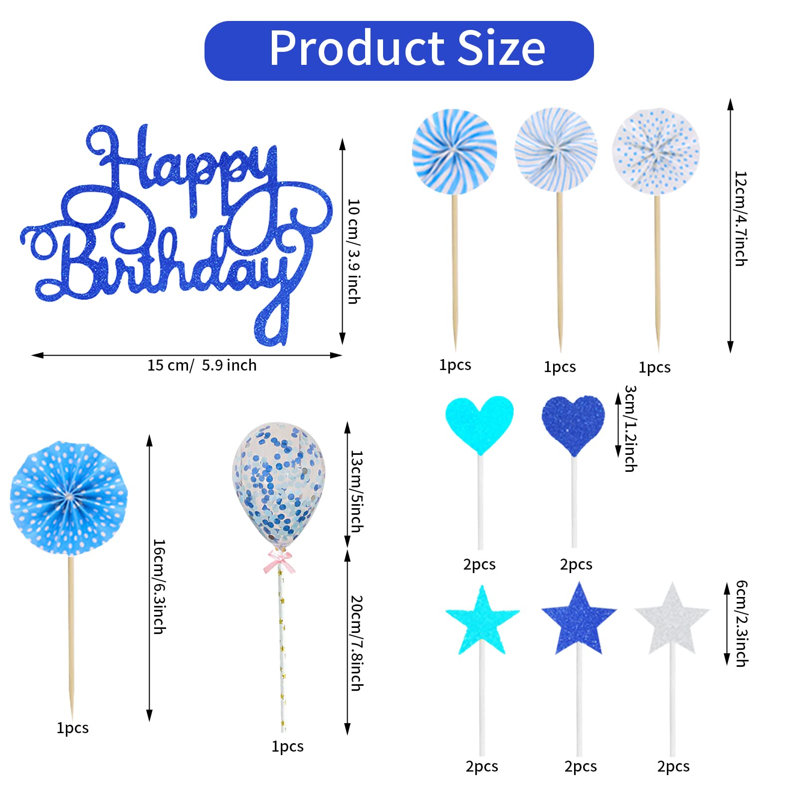 Blue Happy Birthday Cake Topper Glitter Royal Blue Happy Birthday Cake Topper Kit 16pcs Navy Blue Birthday Cake Toppers for Boy Girl Men Women Birthday Cupcake Toppers for Anniversary Party Decoration