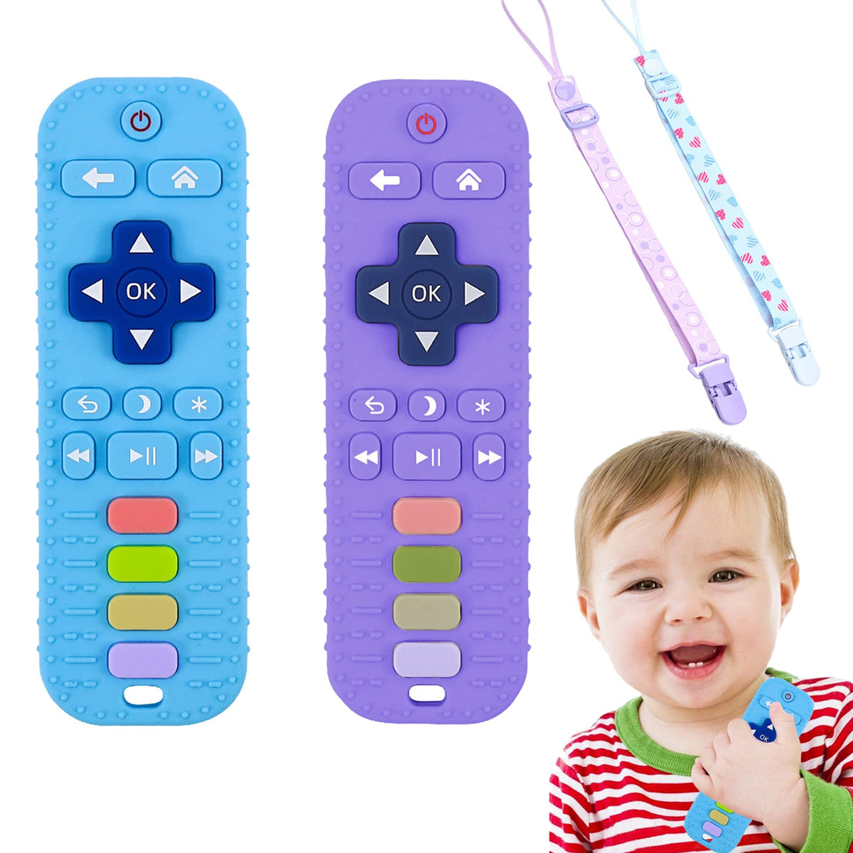 Baby Teething Toy, 2 Pack Soft Silicone Baby Remote Control Toy with Lanyards for Boys Girls Baby to Relief Teething Gum Discomfort(BlueandPurple)