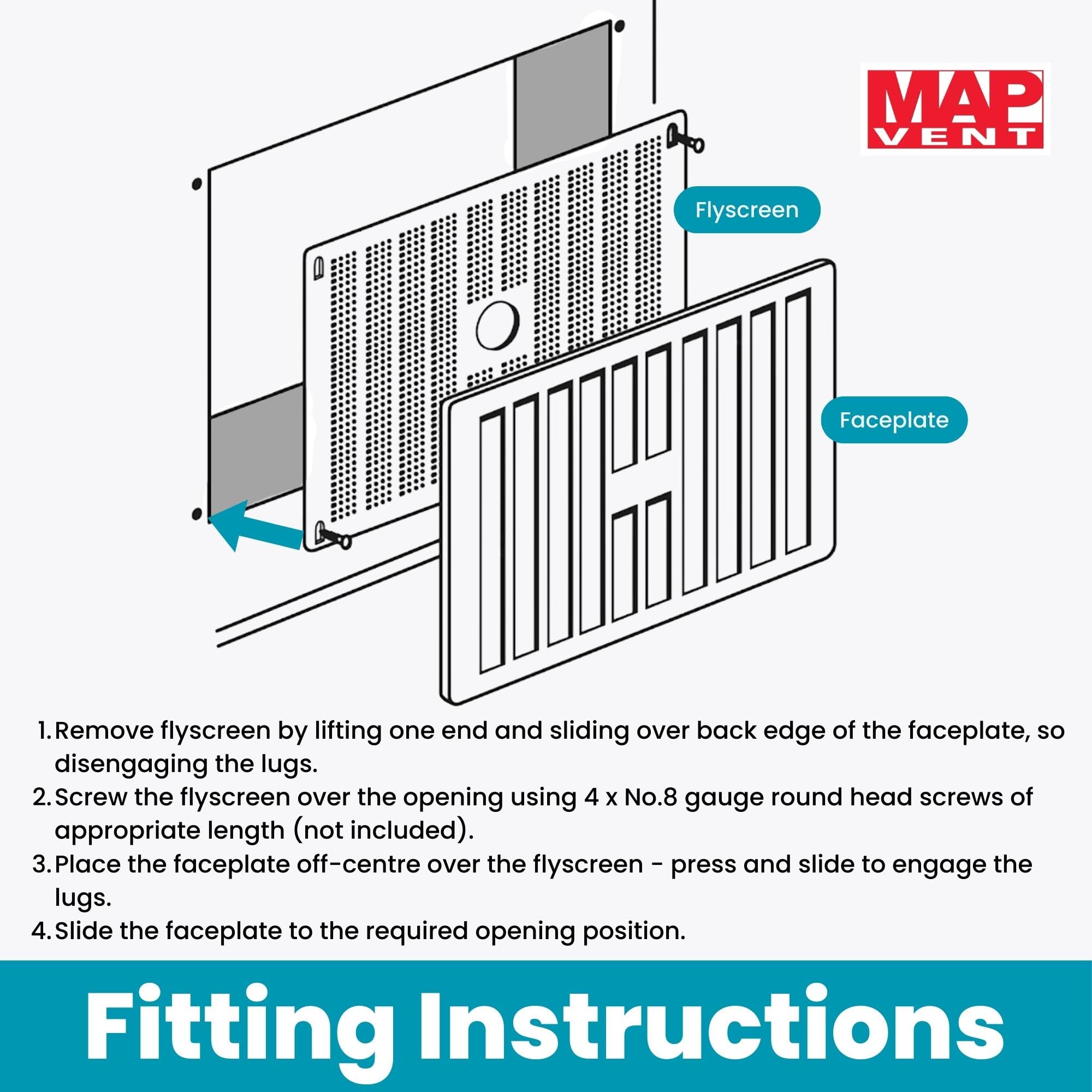 Map Adjustable Air Vent with Flyscreen Cover, 9 inches x 6 inches (229mm x 152mm), Hit & Miss Double Brick Ventilation Cover, White