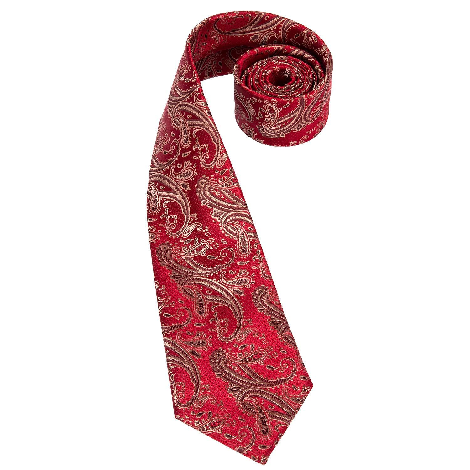 Hi-Tie Gold Red Paisley Men Ties for Wedding Woven Silk Tie Set Pocket Square & Cufflinks Business Party