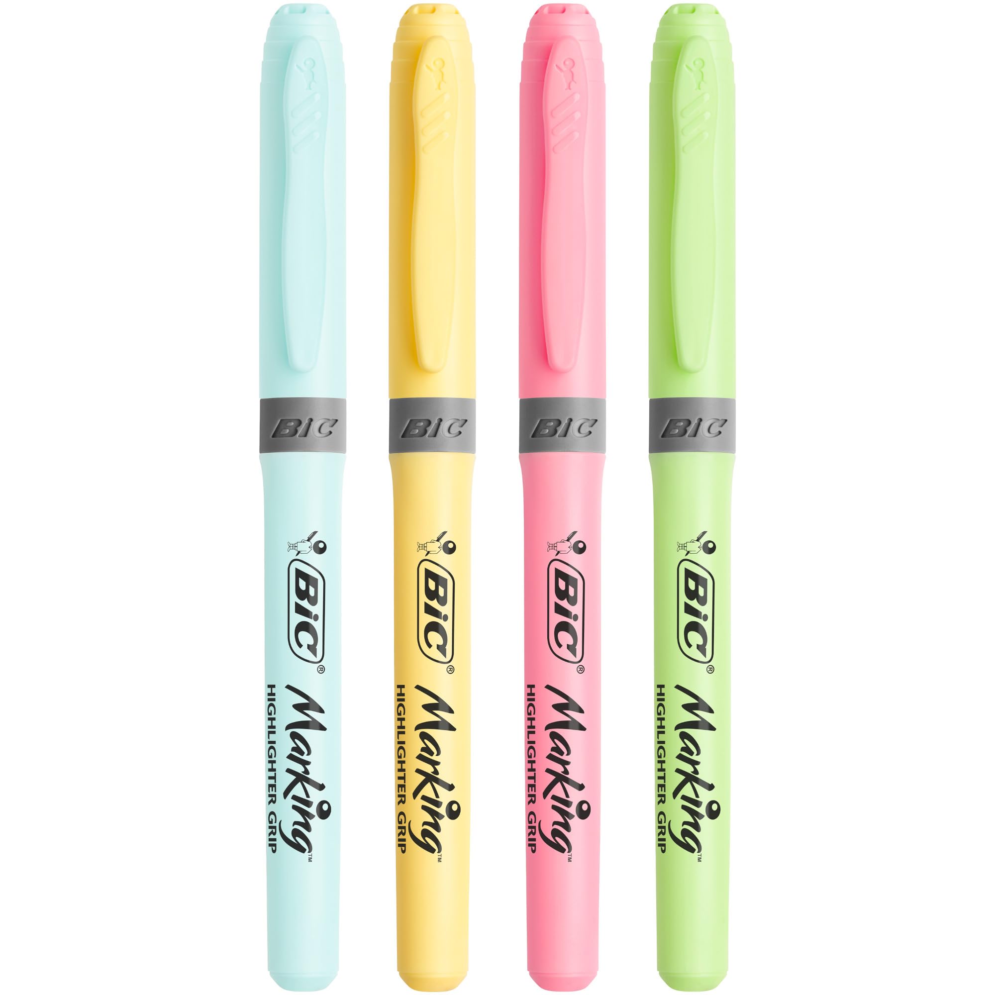 Bic Highlighter Grip Pens with Anti-Drying Technology in 4 Assorted Colors, Water-Based, Pack of 4