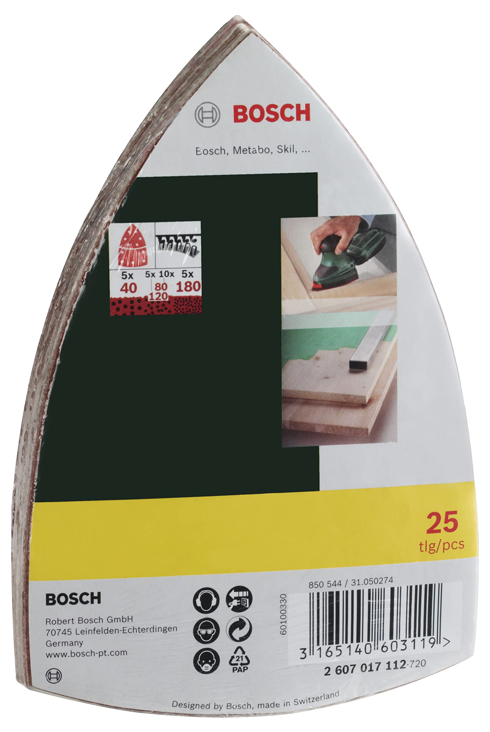 Bosch 25 pcs. Sanding Sheet Set (for Wood, Body Fillers, Paint, Varnish, Grit 40/80/120/180, 11 Holes, 102 x 62.93 mm, Accessories for Multi-Sanders)